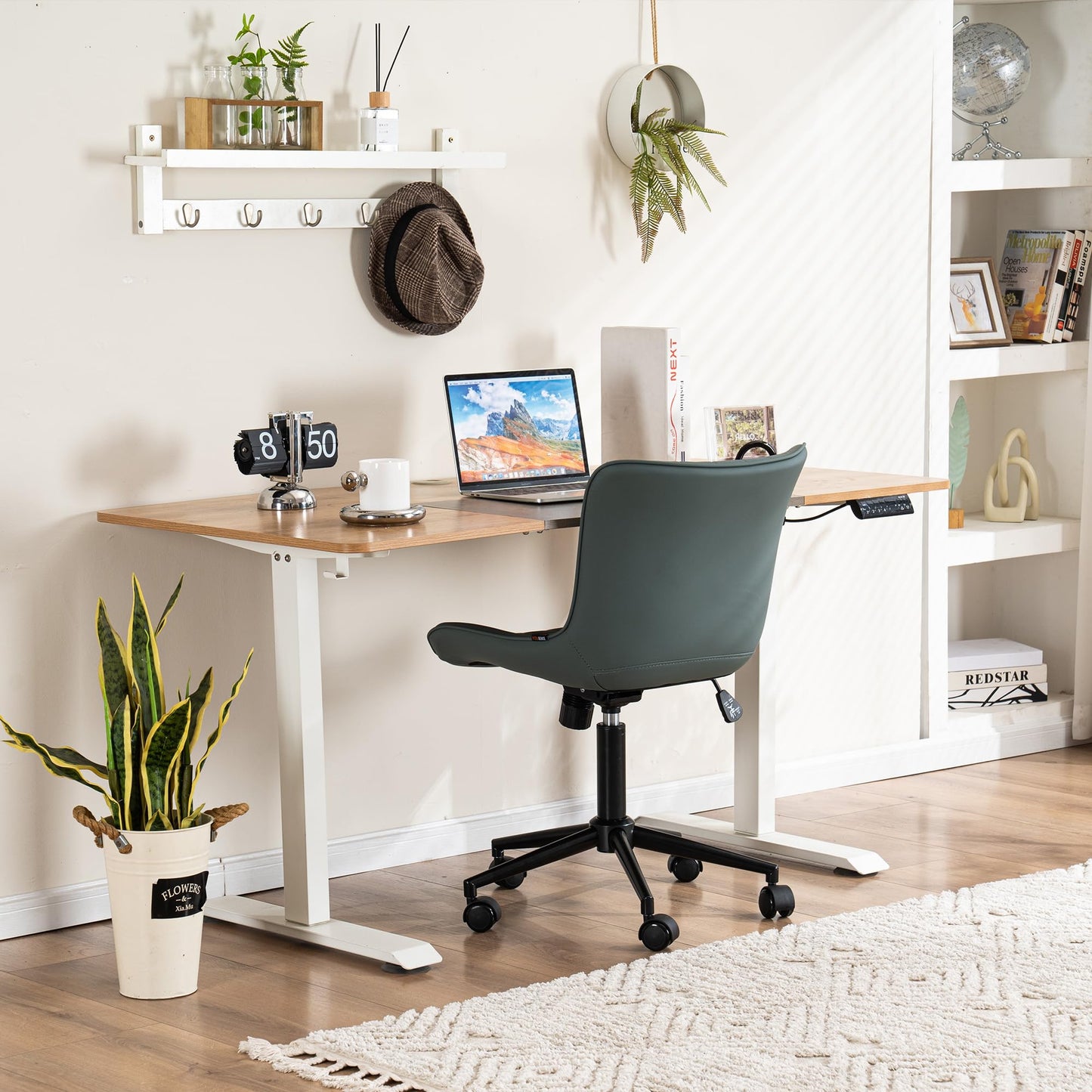 YOUNIKE Ergonomic Armless Office Chair Faux Leather Small Cute Desk Chair with 12° Rocking Back Adjustable Height Swivel Vanity Chair Compact Computer Rolling Task Chair for Small Spaces Greyish Green