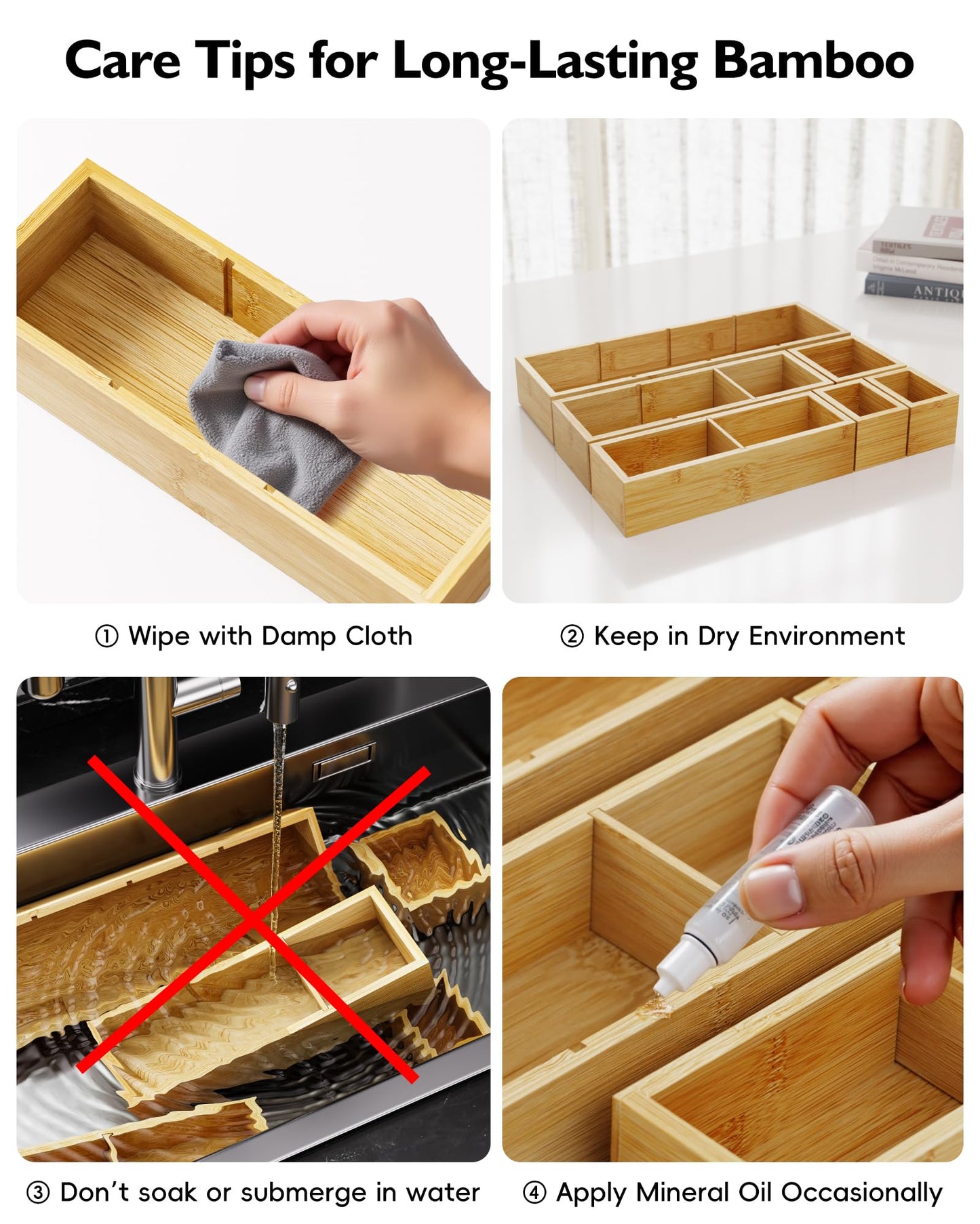 VA1KENE Bamboo Drawer Organizer Set, 6 PCS Desk Drawer Organizer Trays with 12 Compartments, Wood Storage Boxes for Junk Drawer, Kitchen Utensils, Office Supplies, Makeup, Jewelry, Bathroom