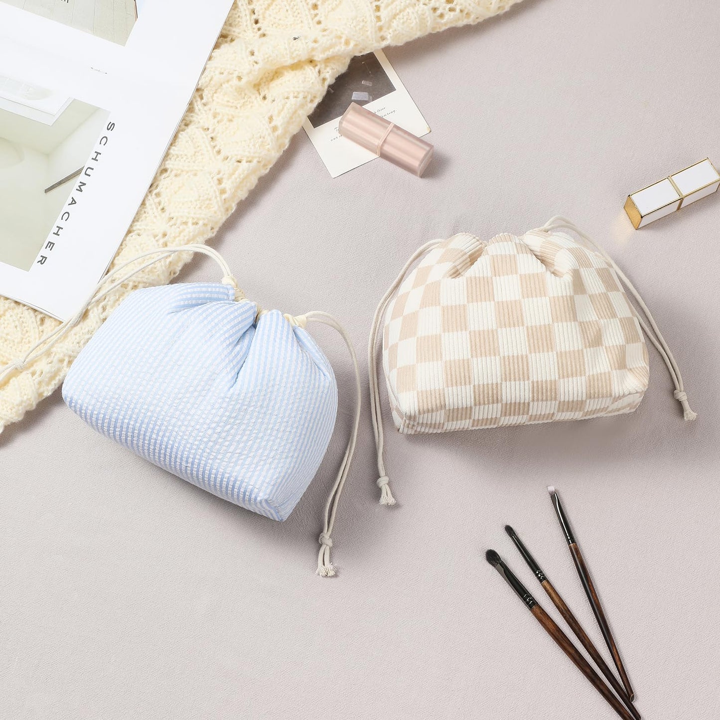 Cotton Quilted Drawstring Makeup Bag with Canvas Lining,Coquette Aesthetic Cute Travel Toiletry Bag,Drawstring Gift Bag for Women and Girls(19 Beige Checker)