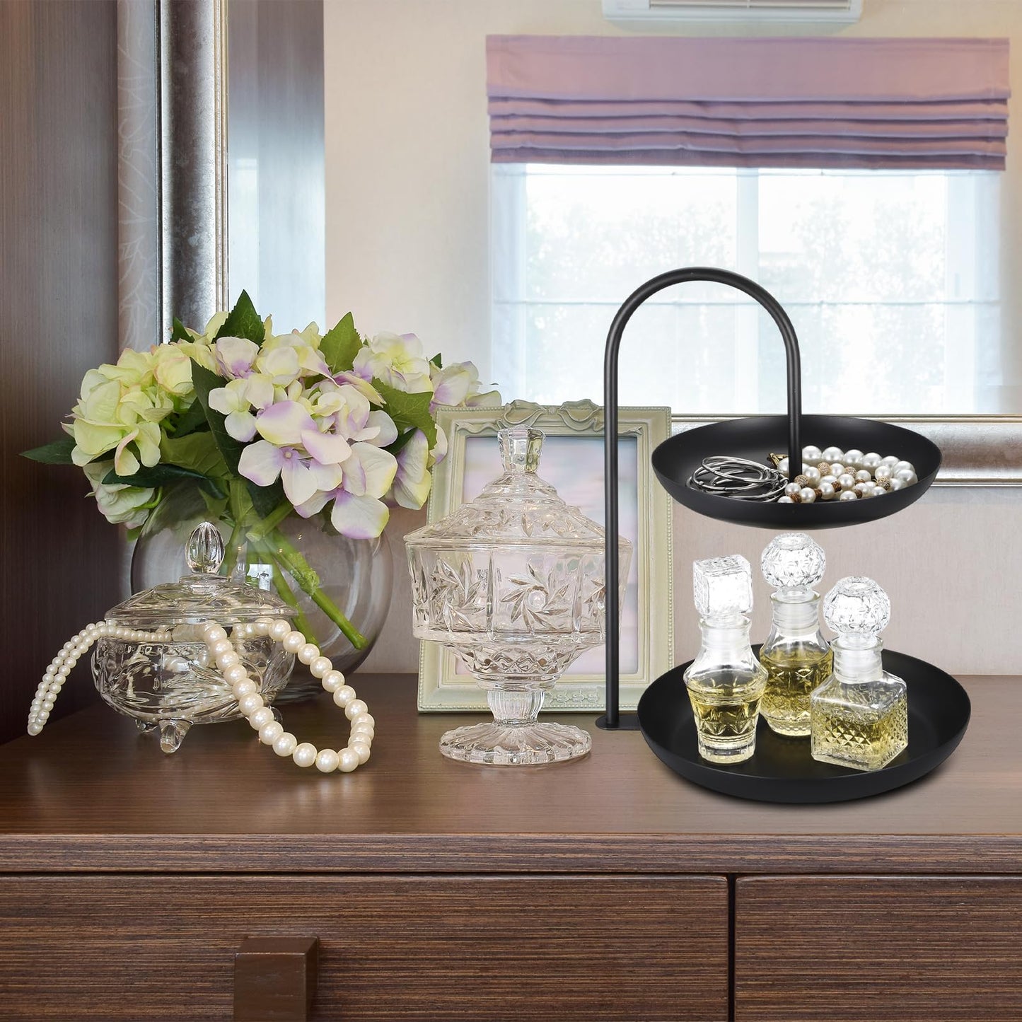 Maxcheck 2 Pcs Necklace Display Stand 2 Tier Jewelry Holder Tabletop Jewelry Organizer Tower with Round Storage Tray Organizer Tower for Bracelets Necklaces Earrings Makeups(Black)