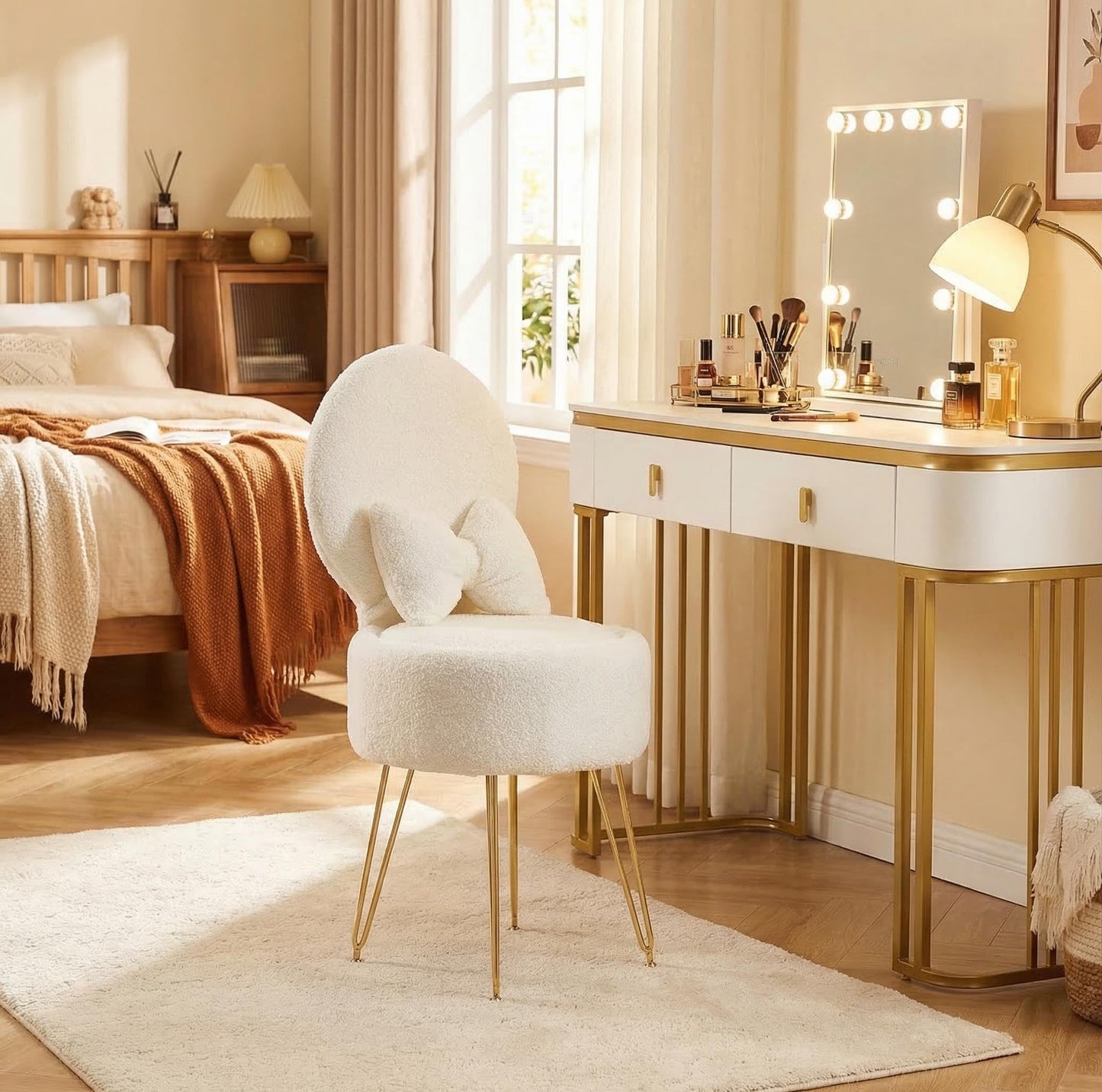 Garvee Vanity Stool Chair with Pillow & Foldable Backrest, Sherpa Fleece Vanity Chair with Stroage Space & Metal Legs, Soft Storage Ottoman, Modern Accent Chair for Makeup Bedroom Living Room, White