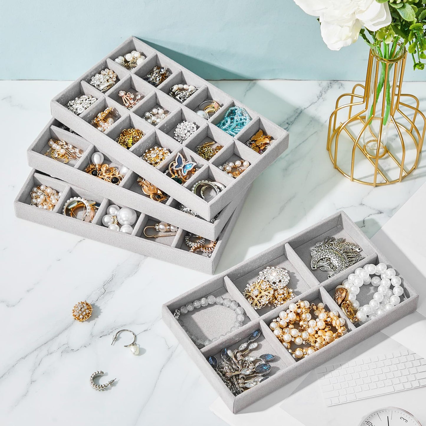 Junkin 12 Pcs Jewelry Tray Velvet Stackable Jewelry Organizer Trays Divided Earring Accessories Storage Containers Box(Gray)