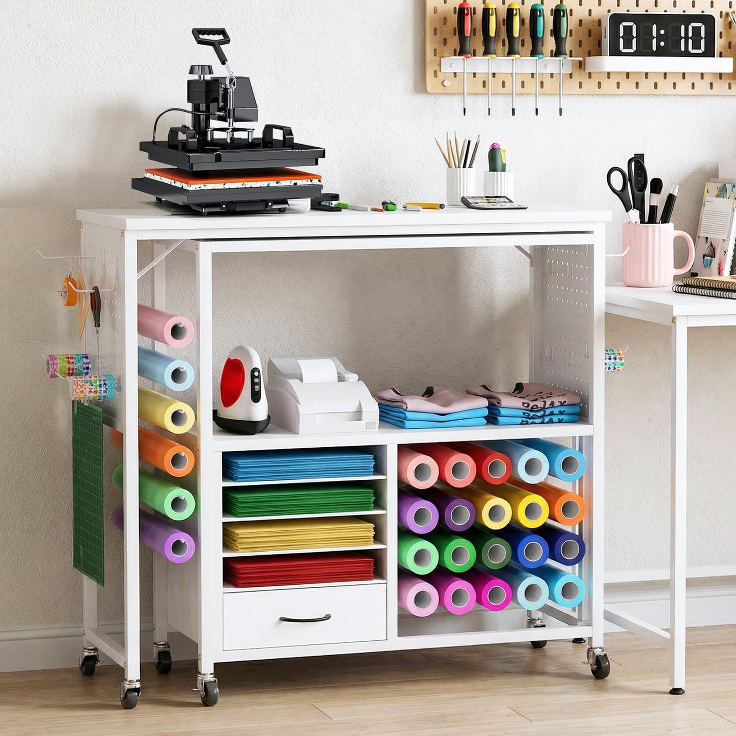 MASHELLY 360 Rotating Craft Cart with 26 Vinyl Rolls Storage & Side Pegboards | Mobile Rolling Workstation for Heat Press, Compatible with Cricut Machines | Locking Brakes for Craft Room Home Office
