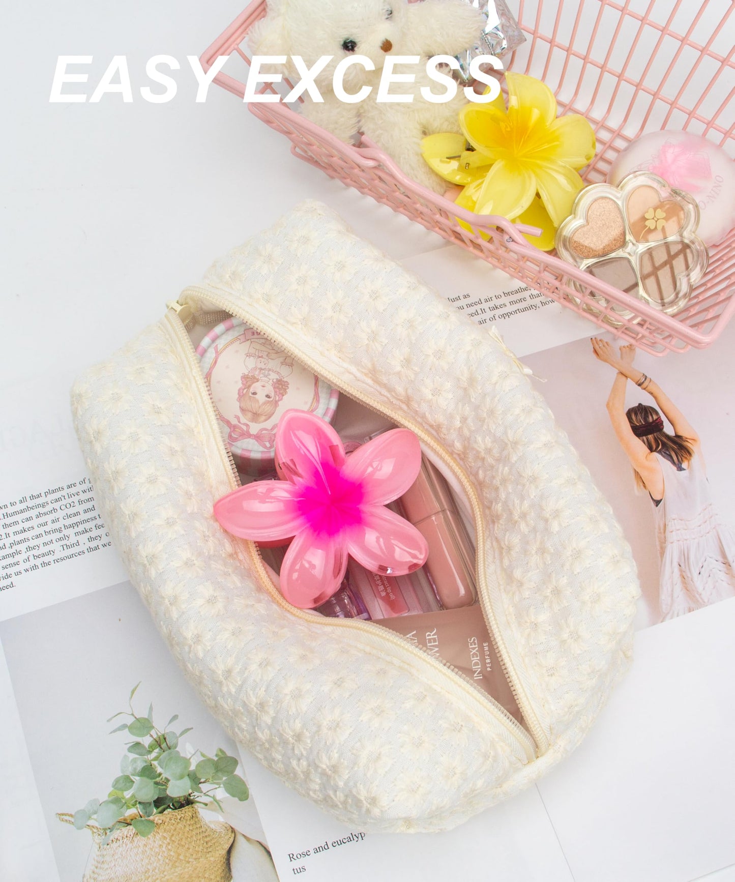PAZIMIIK 6PCS Cozy Makeup Bag Small Aesthetic Travel Zipper Cosmetic Pouch for Women Make Up Beauty Accessories Brushes,Embroidery Daisy