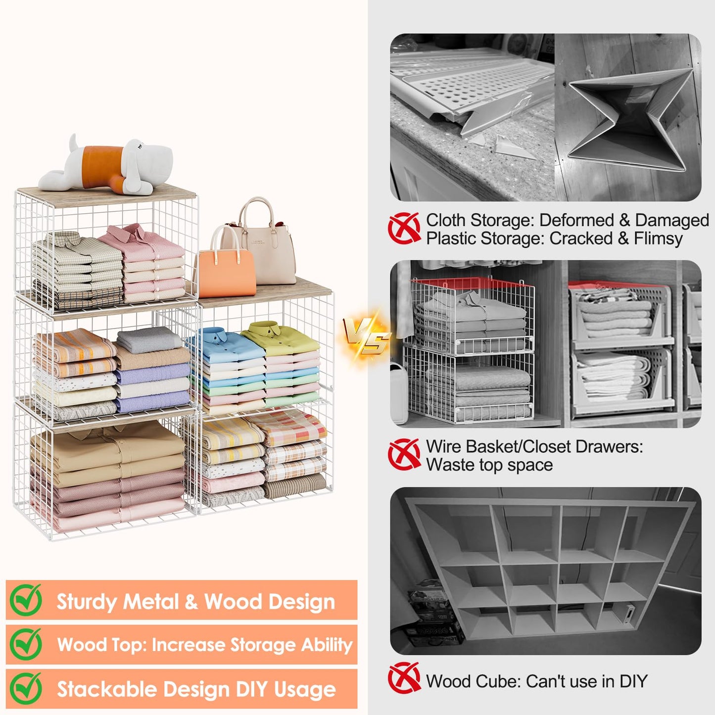 5 Pack Extra-Long Closet Organizers and Storage with Ajustable Shelf, Stackable Closet Shelf Organizer, Double Storage Design Clothes Storage Cube/Bin Organizer for Wardrobe, Space-Saving, White