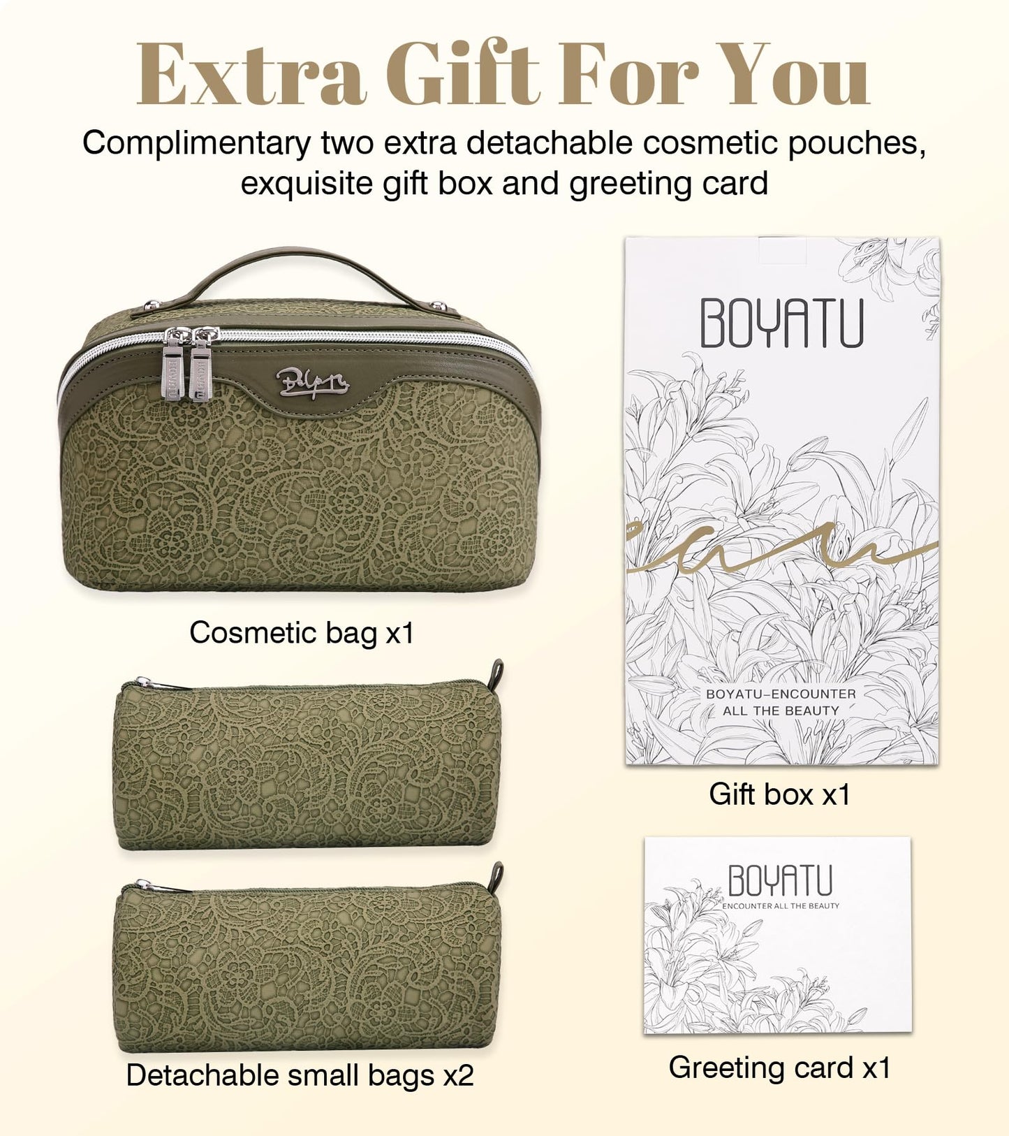 BOYATU Travel Makeup Bags Cosmetic Organizer Bag: 3 Pcs Set Large Capacity Make up Bag with Compartments - Waterproof Leather Toiletry Bags with Handle for Women (A-Green)