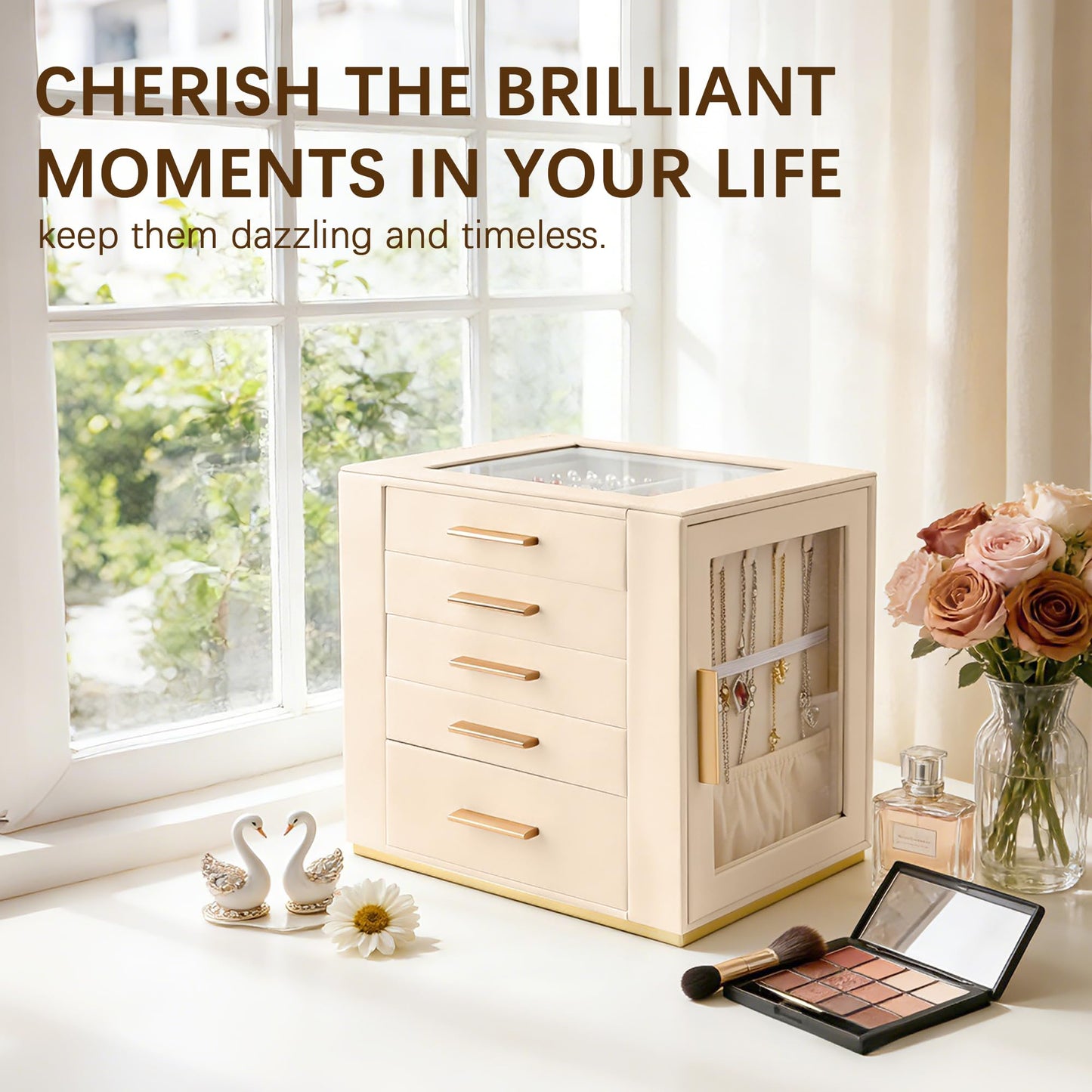 Homeanda 5-Layer Jewelry Box for Women, Glass Lid Jewelry Organizer and Storage with 5 Drawers for Necklaces, Rings, Earrings, Bracelets, Gift for Girls and Teens,PU Leather (Beige)