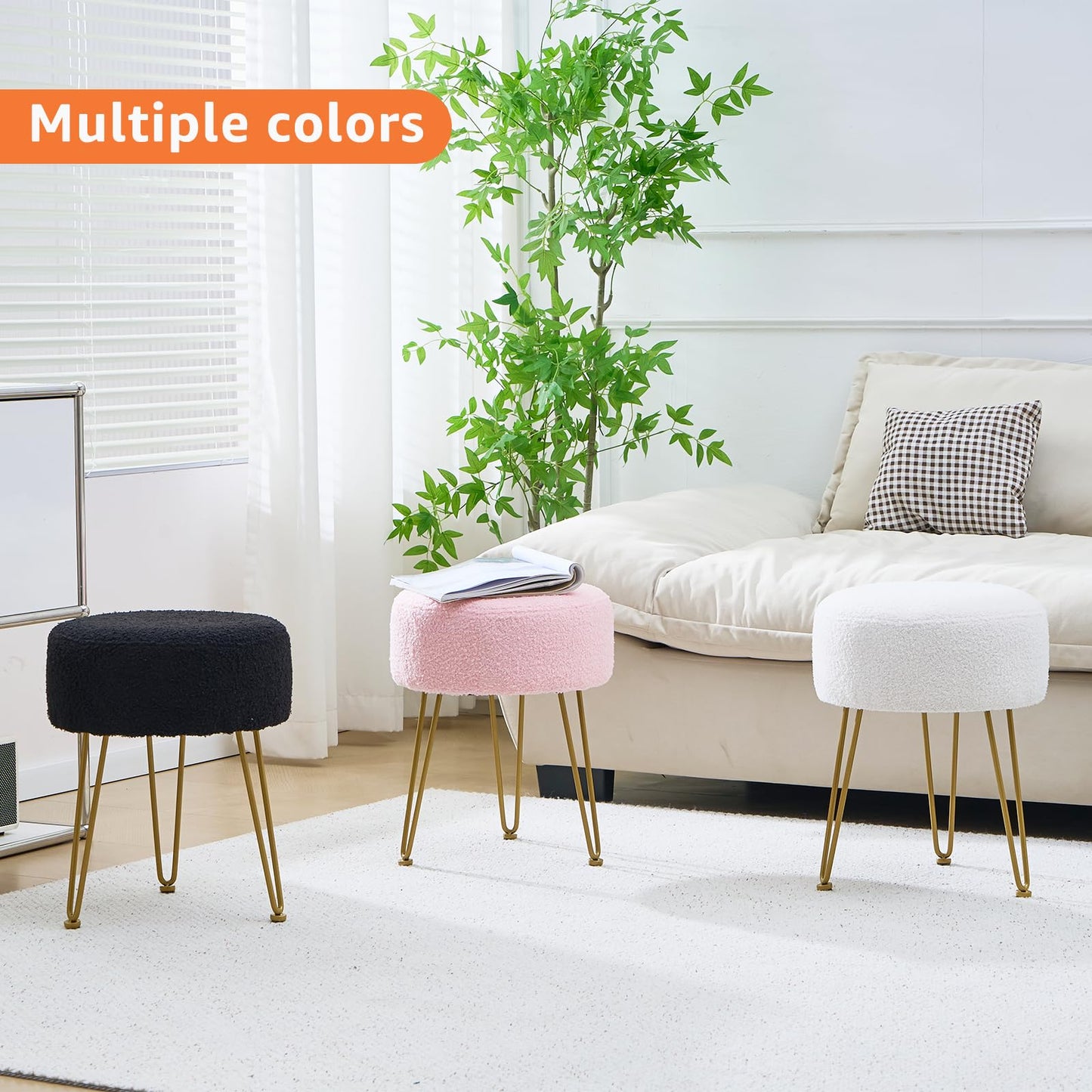 WROCFURSTAR Vanity Stool, Teddy Velvet Ottoman Foot Stool, Dressing Table Seat with Metal Leg Vanity Chair for Bedroom, Living Room, Entryway, Offices