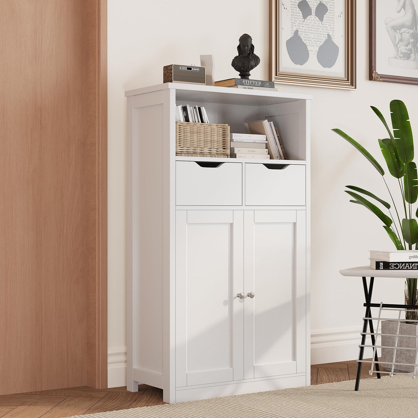 Shintenchi Floor Storage Cabinet, Bathroom Storage Organizer with Doors and Drawers, Freestanding Side Cupboard Pantry with Adjustable Shelf for Bathroom/Kitchen/Livingroom, White