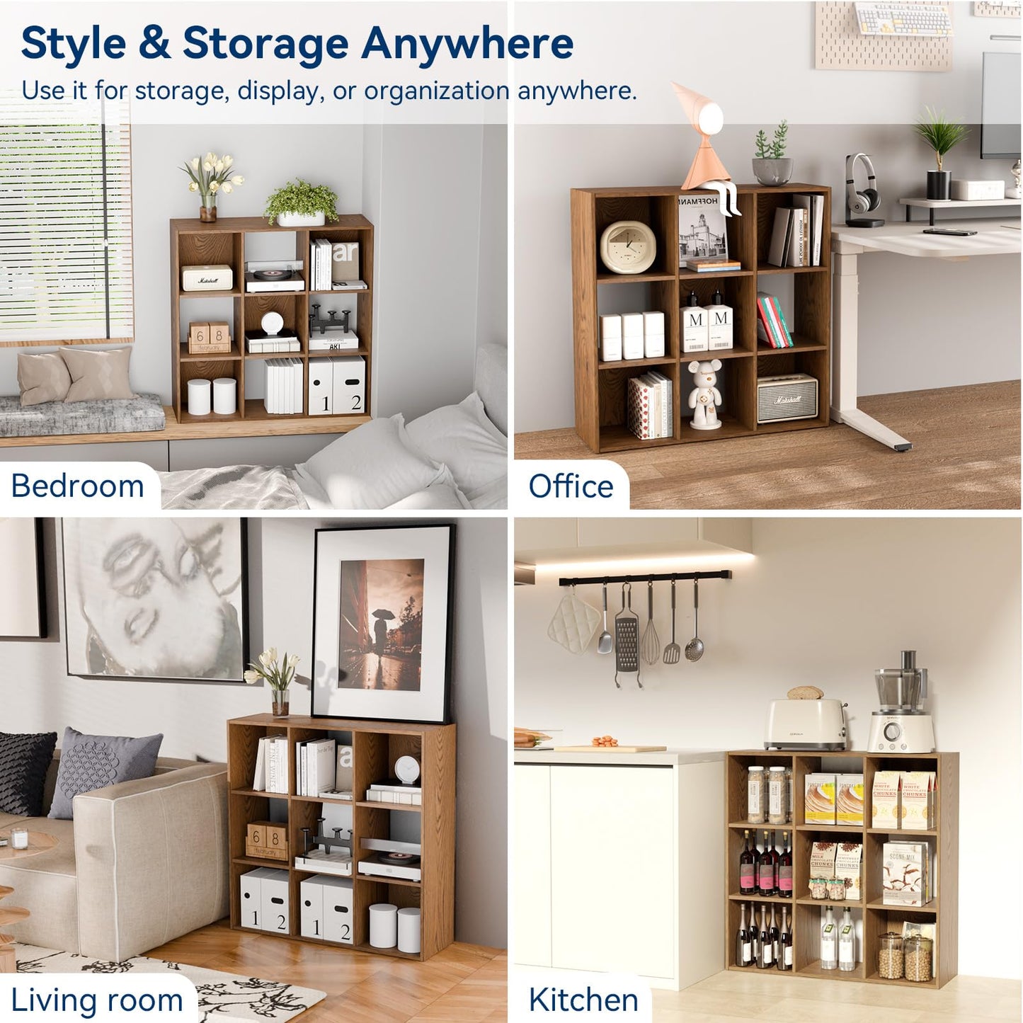 Whitmor 9 Cube Storage Organizer, Open Storage Display Bookshelf, Storage Cabinet for Living Room, Bedroom, Home, Office, Walnut