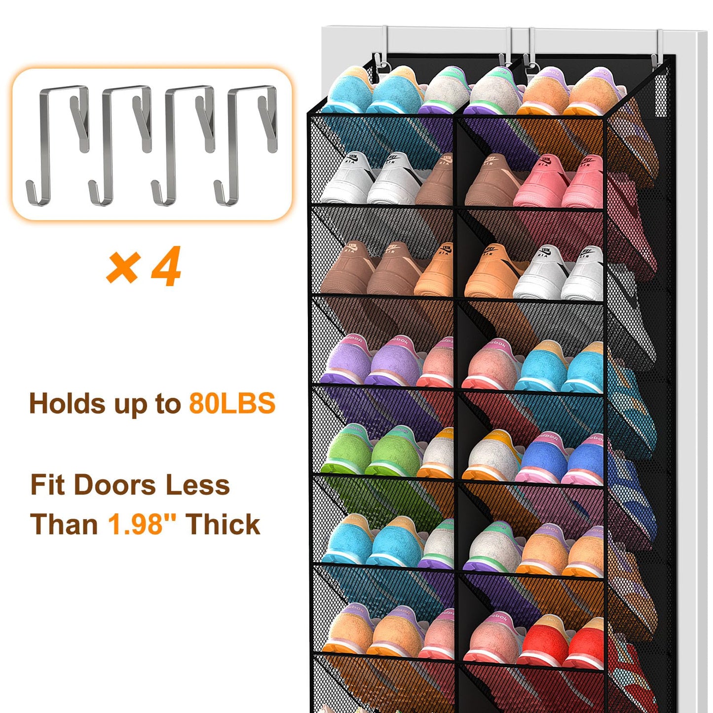 UVIAHOMI Over the Door Shoe Organizer for 20-30 Pairs, 10-Tier, Black