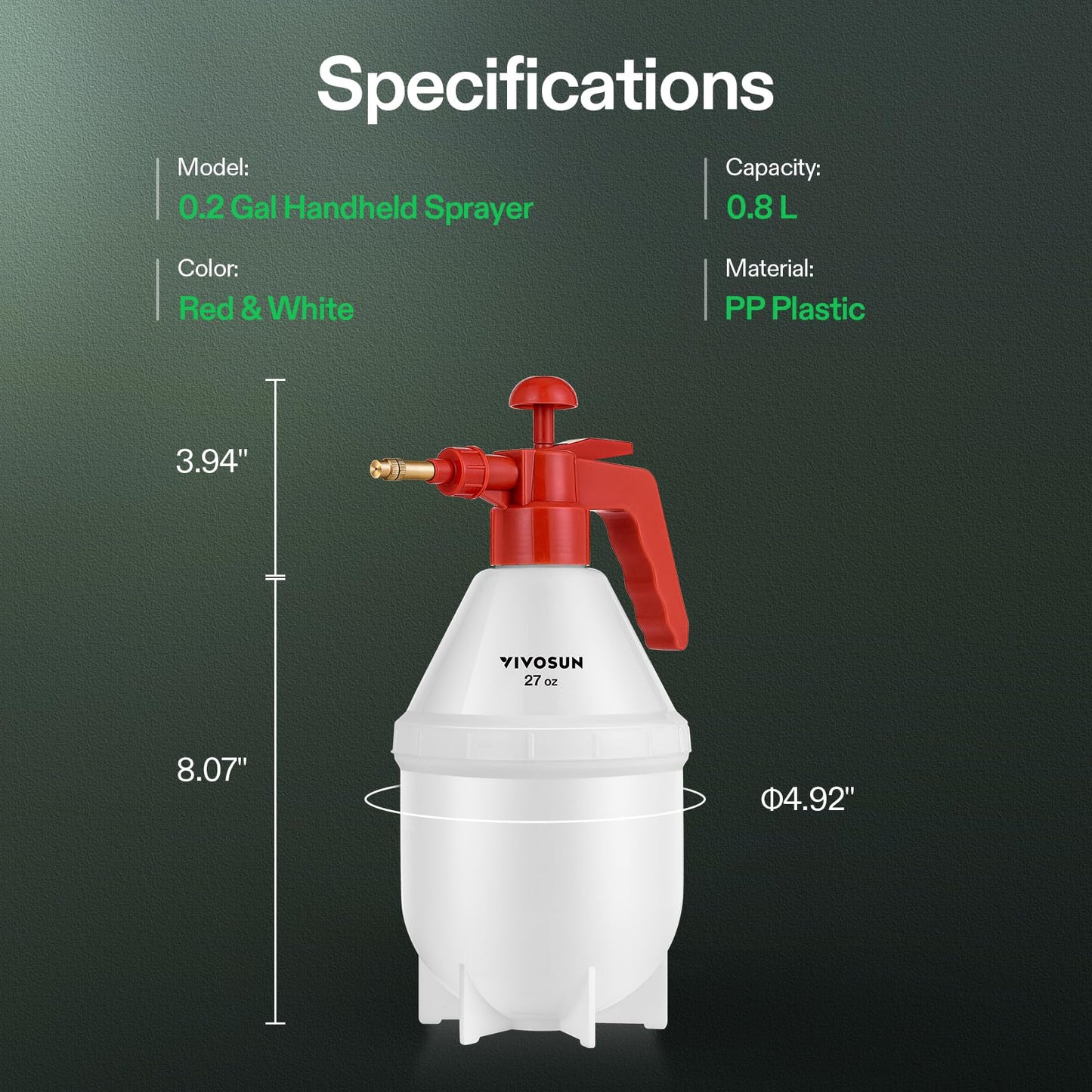 VIVOSUN 27oz Pump Sprayer, Handheld Garden Water Sprayer Bottle with Adjustable Brass Nozzle, for Spraying Plants, Flowers, Weeds and Cleaning, Red