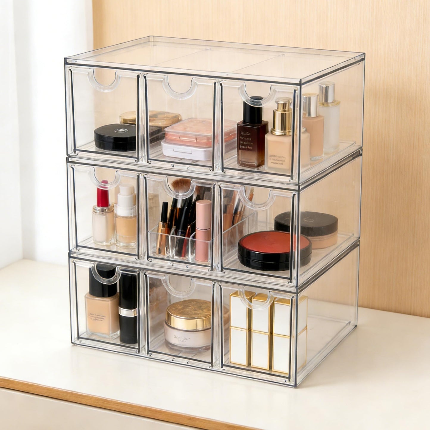Prsildan Acrylic Makeup Organizer, 3 Pack Stackable Storage Drawers with 9 Drawers for Office Desk Vanity Craft Room Clear Drawer Organizers for Hair Accessories Art Supplies Cosmetics Modular System