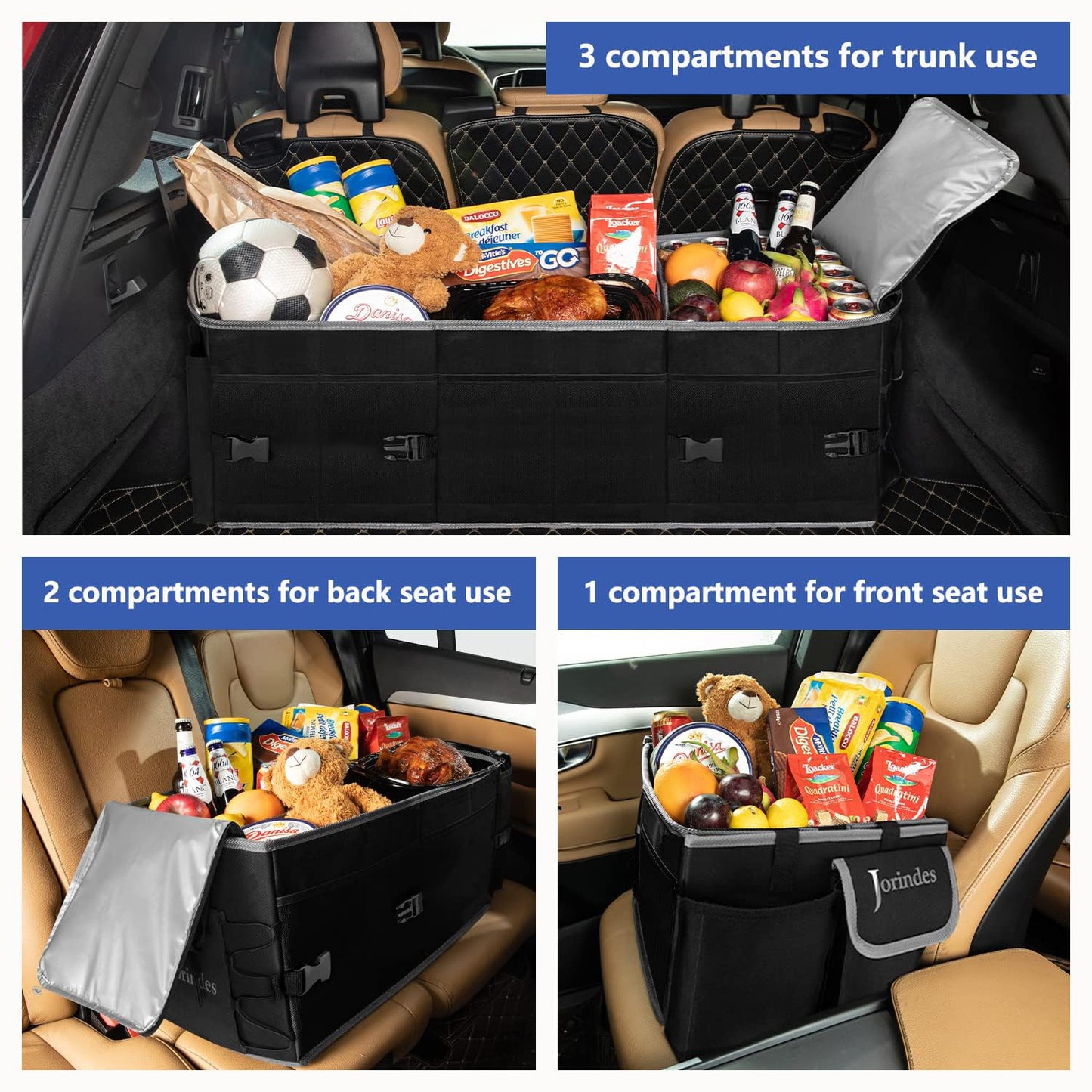 Trunk Organizer With Built-In Insulated Leak Proof Cooler Bag,Collapsible Cargo Organizer For Suv With Non Slip Bottom Strips,3 Large Compartments Foldable Waterproof Portable Car Storage Box