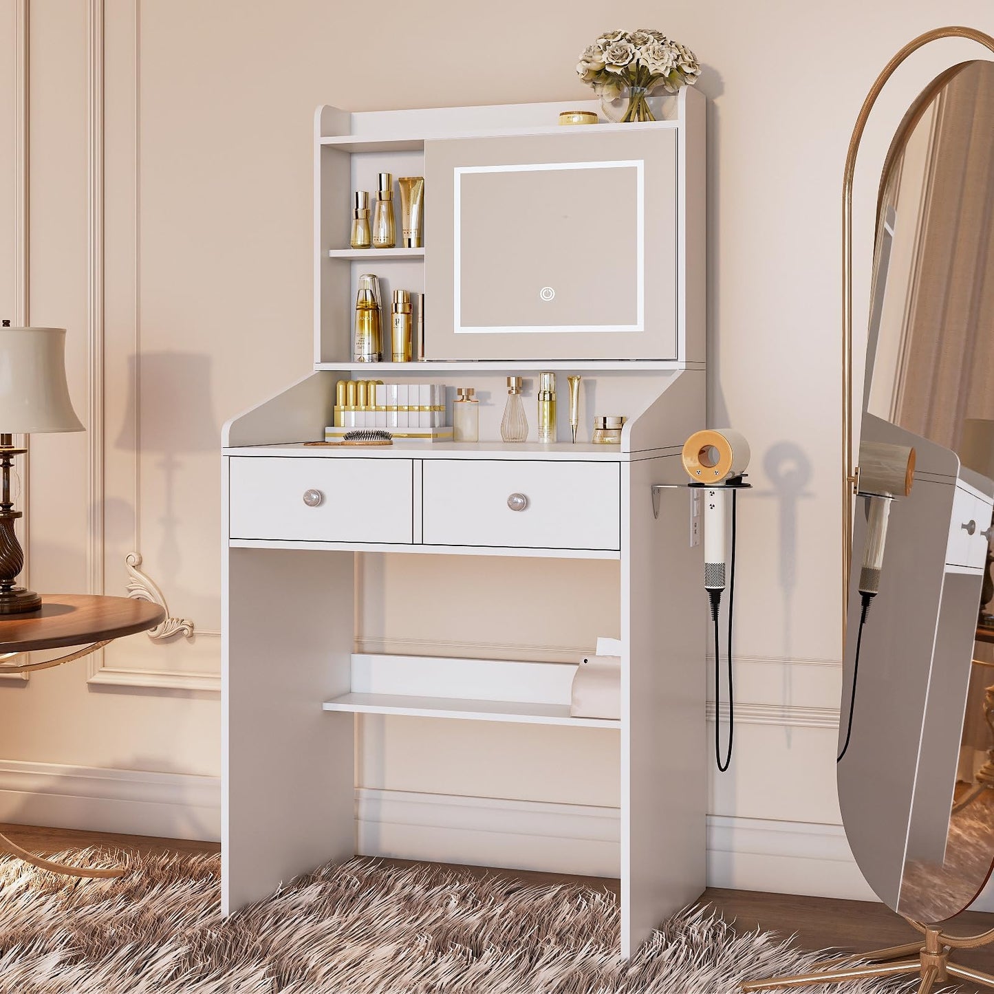 Viaozutis Small Makeup Vanity Desk with Sliding Mirror & Dimmable LED Lights, White Vanity Table with 2 Drawers, Hidden Storage, Power Outlets, USB Ports & Hair Dryer Holder for Bedroom(White)