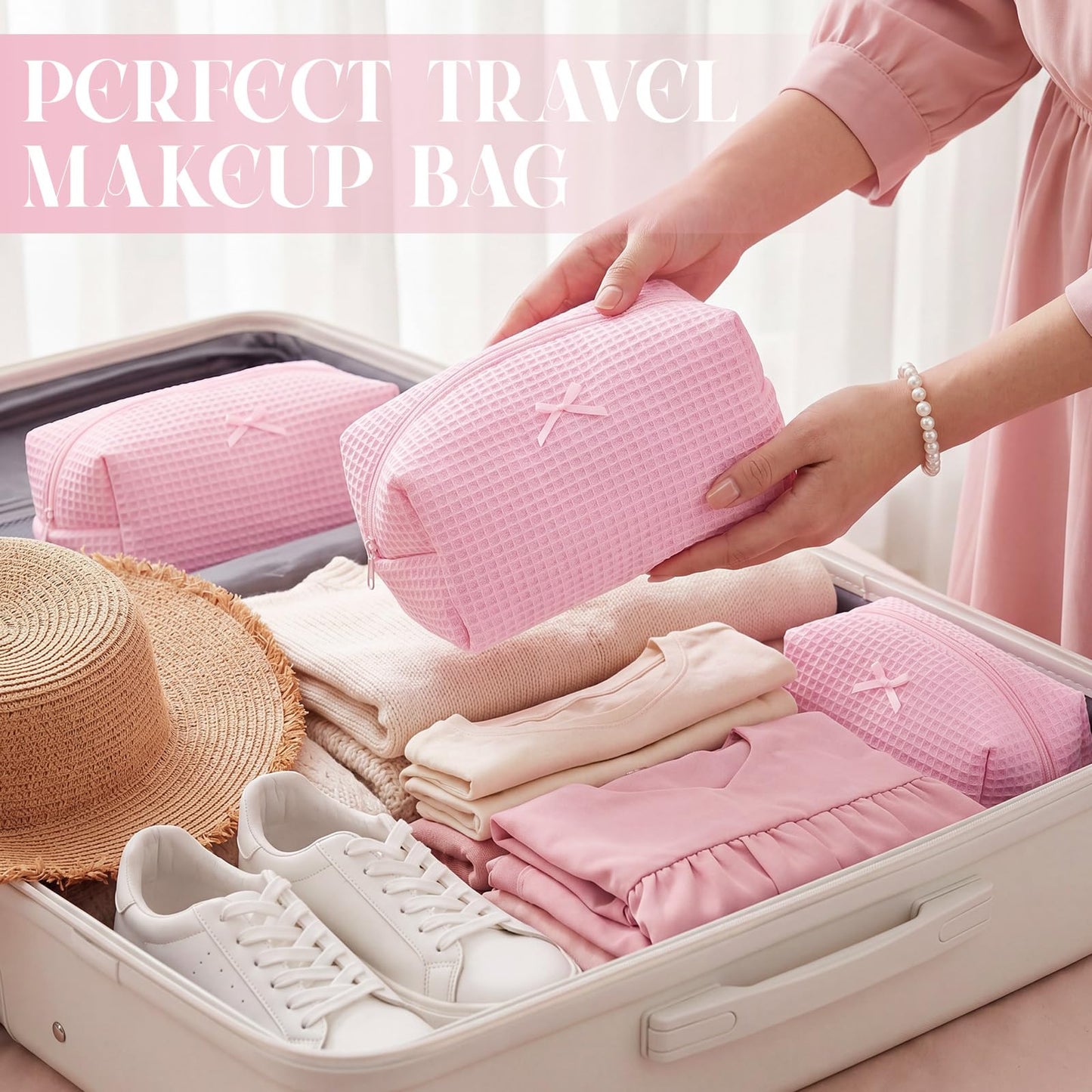 Gilprop 6 Pcs Makeup Bag Gifts for Women Cute Aesthetic Cozy Portable Travel Waffle Toiletry Bag Soft Wedding Cosmetic Organizer Summer Large Zipper Pouch with Zipper for Bridesmaid Friend(Pink)