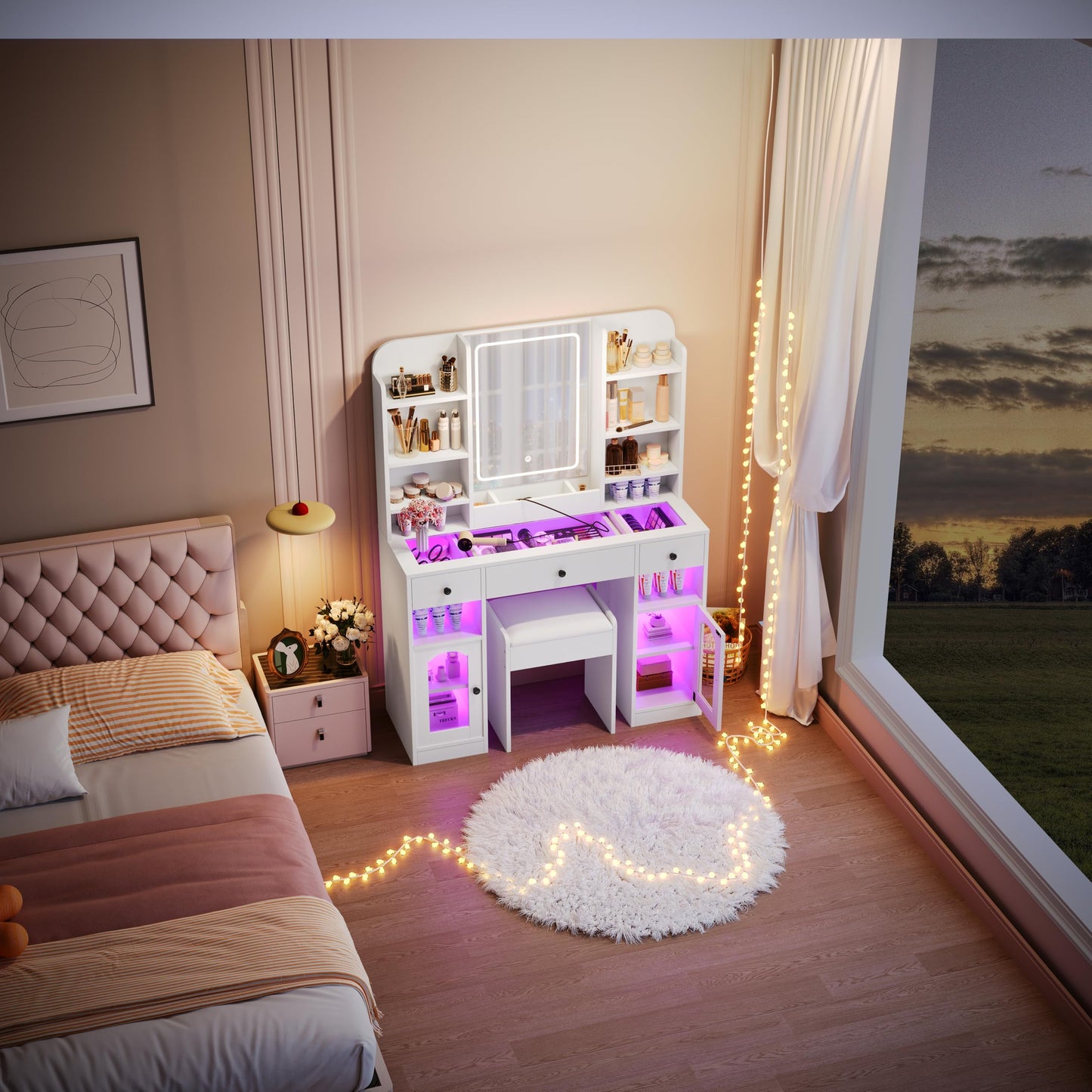 43.2" Vanity Desk with LED Mirror and RGB Glass Light Cabinets, Dressing Table with 3 Drawers, Storage Shelves, Glass Top, Adjustable 3-Color Lighting, Charging Station and Stool for Bedroom, White