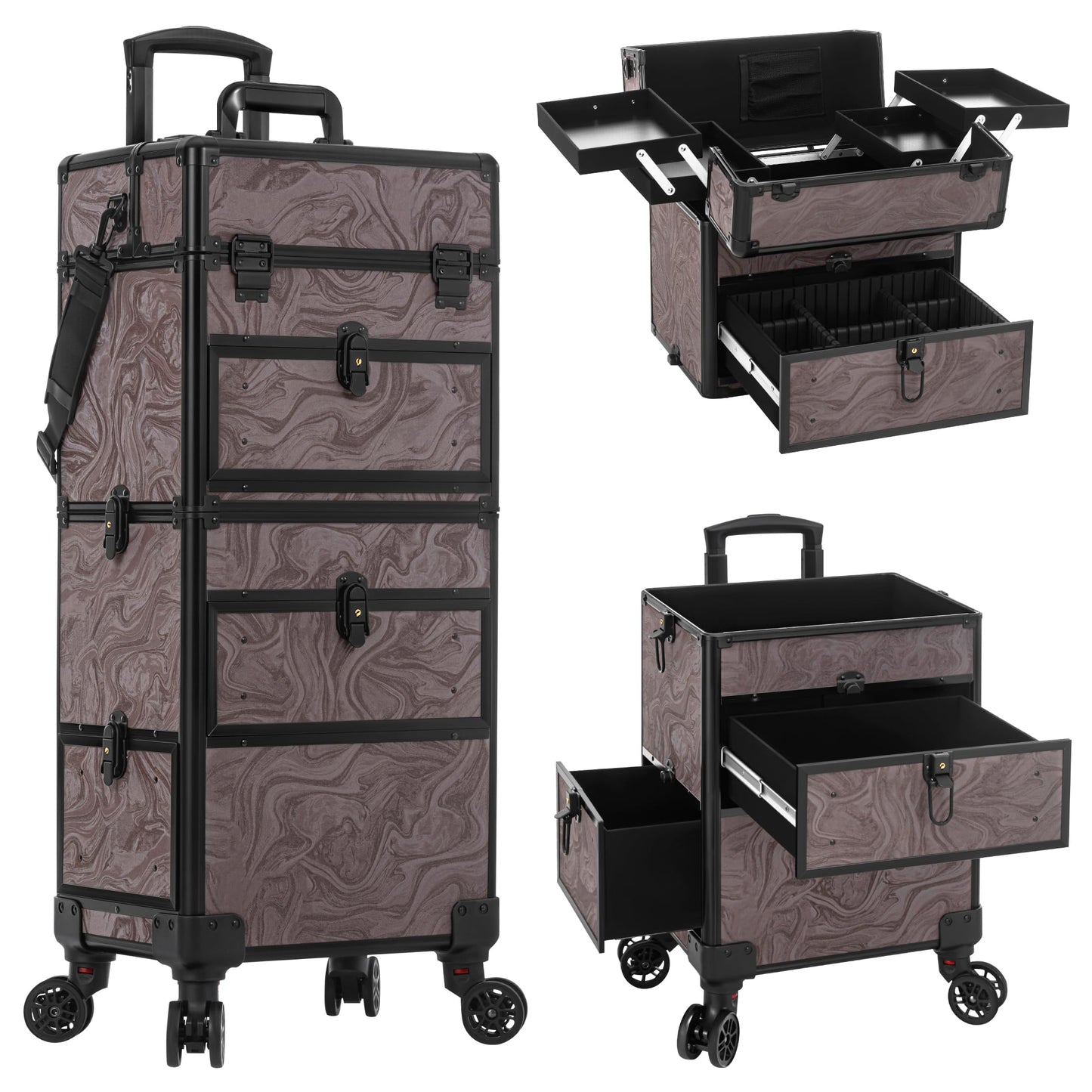 AROUS Rolling Makeup Case with 3 Drawers, Cosmetology Case on Wheels 5 IN 1 Makeup Train Case Make Up Organizer for Artist Salon Nail Teach Trunk,Ink Brown
