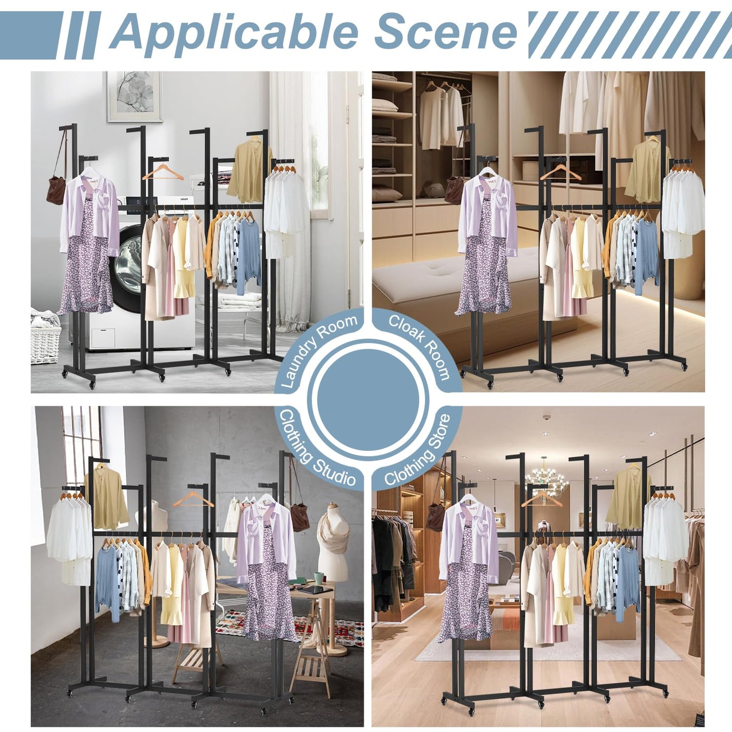 jvsufuik 8 Arm Retail Clothing Rack, Metal Clothing Display Rack for Hanging Clothes, Adjustable Height Shirt Clothes Display Stand Garment Rack with Wheels for Boutiques, Black
