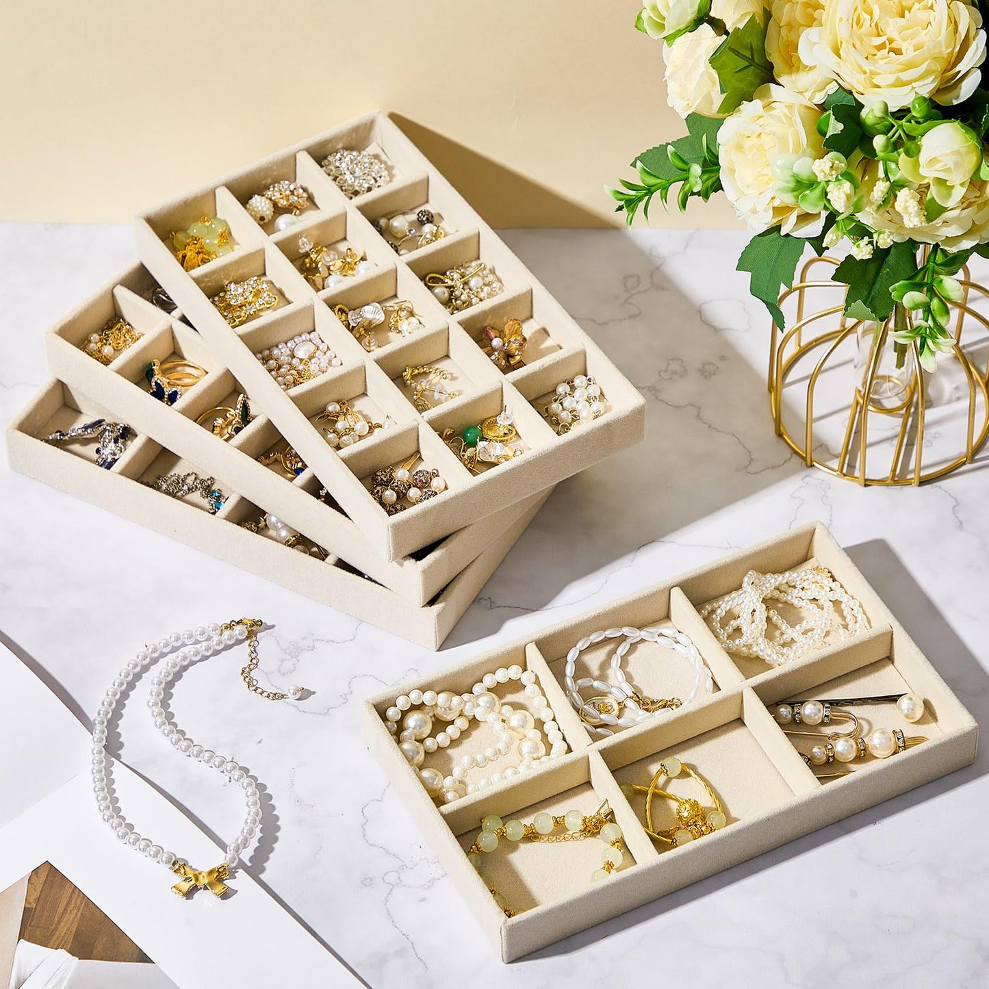 Junkin 12 Pcs Jewelry Tray Velvet Stackable Jewelry Organizer Trays Divided Earring Accessories Storage Containers Box(Beige)