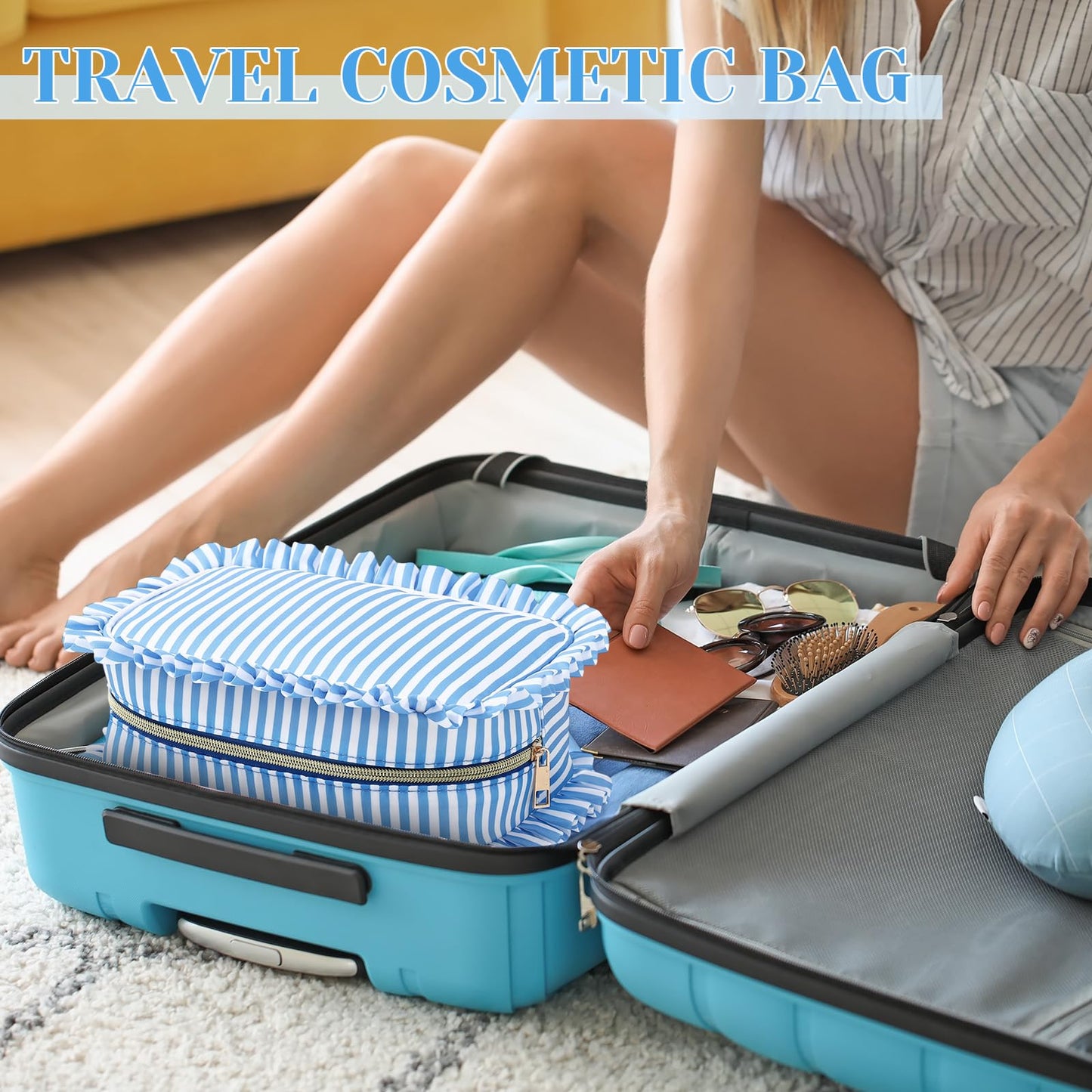 Kigeli Ruffle Makeup Bag Preppy Makeup Pouch Large Travel Cosmetic Bag Nylon Waterproof Toiletry Make up Organizer for Women(Striped,Blue)
