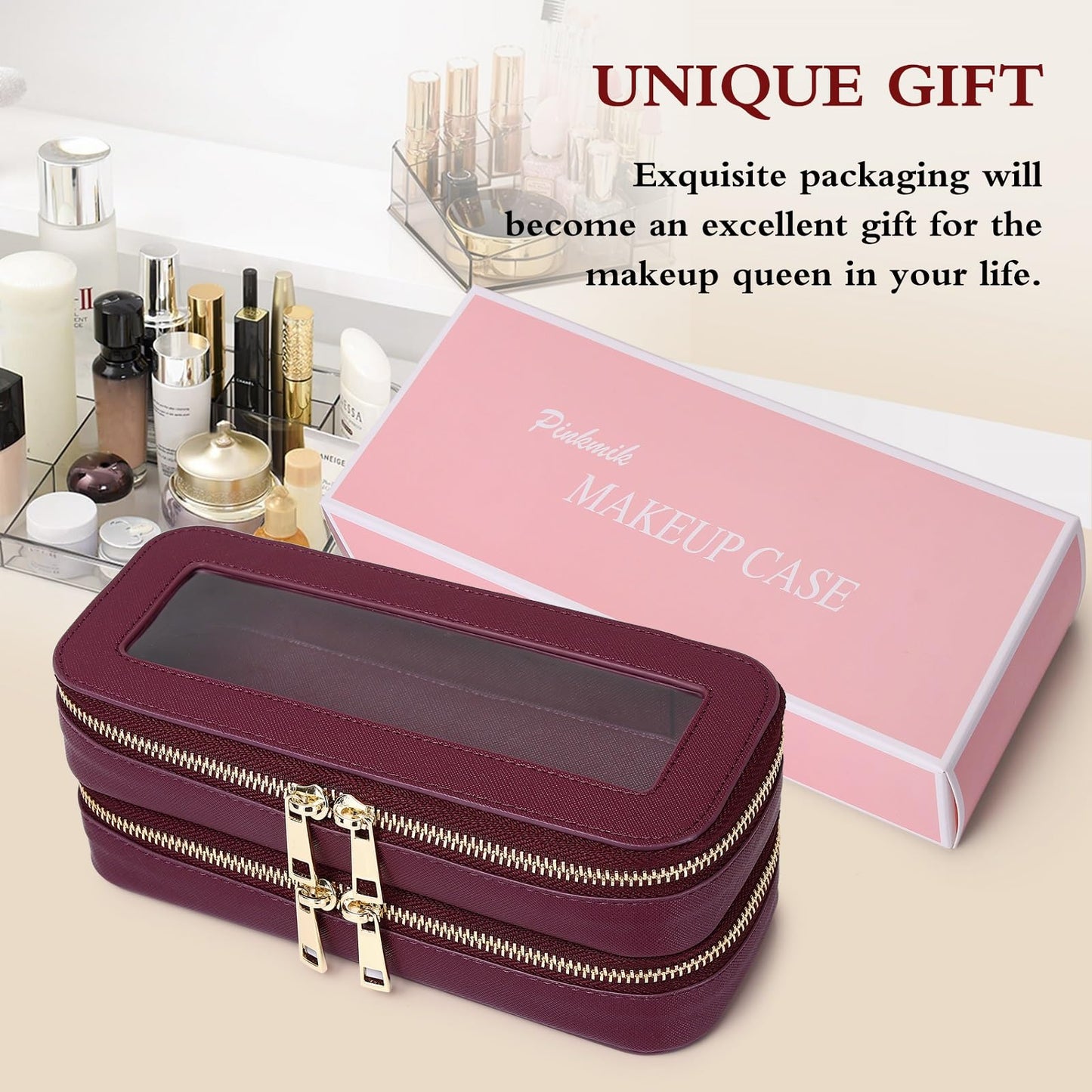 Pinkmik Double Layer Makeup Bag, Burgundy, Double SLIM