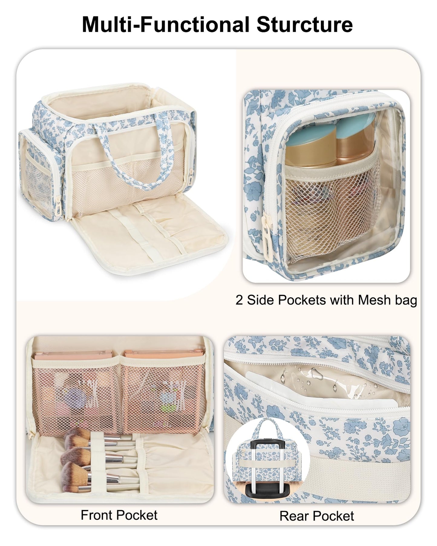 WGEAR Travel Makeup Bag, Lightweight Wide-open Toiletries Bag for Women, Large Cosmetic Organizer Bag with Makeup Brushes Compartment for Travel-Sized Essentials for Trip, Camping - Blue Flower