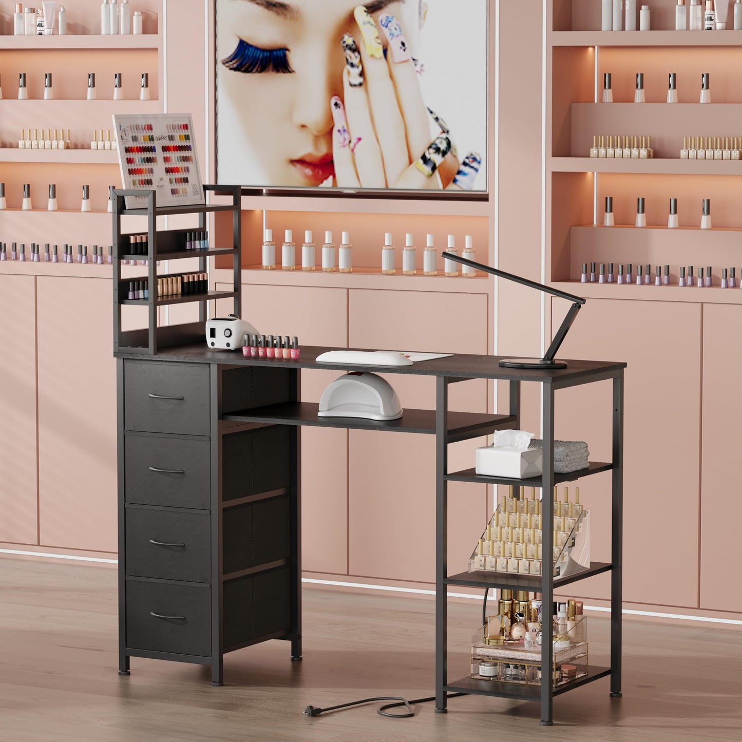 NinPeen Manicure Table Nail Desk for Nail tech with Drawers and Power Outlet,Nail Beauty Table with Storage and Open Shelves for Home,Workshop,Makeup Beauty Salon Workstation (Black)