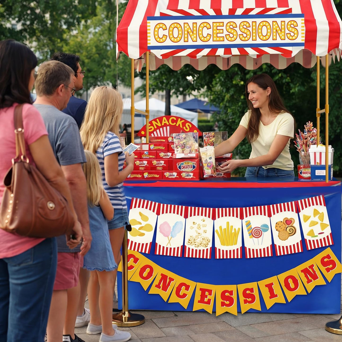 Tioncy 6 Pcs Concessions Stand Kits Hut Decor (Without Table) Include Shelf Banner Roof Pennant Table Skirt for Photo Props Outdoor Themed Party Decor (Desk Is Not Included)