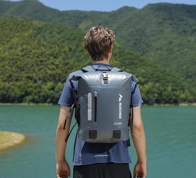 MARCHWAY Roll Top Waterproof Backpack, Floating Dry Bag 20L/30L/45L with Ergonomic Rectangular Base, Cushioned Back, Hip Strap for Hiking Camping Kayaking Travel (Grey, 20L)