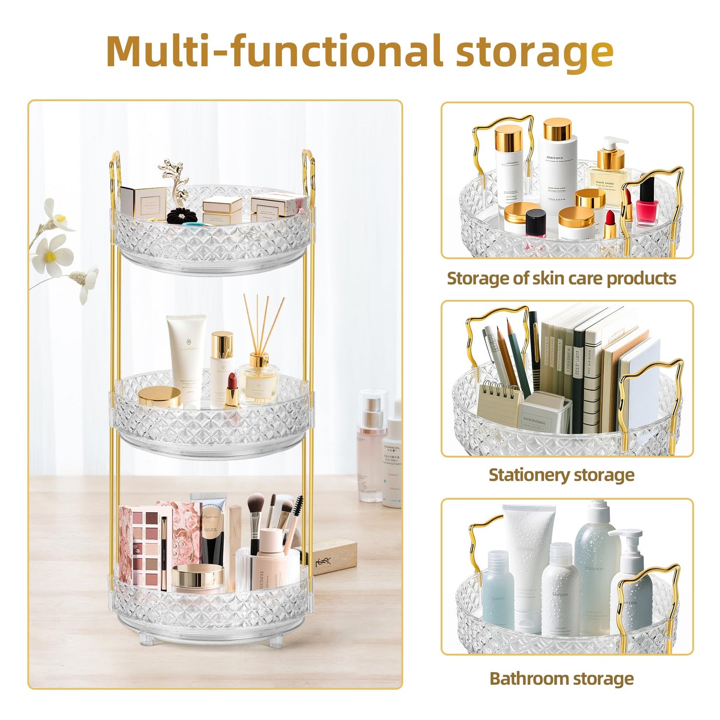 LAREKUN 360 Rotating Makeup Organizer for Vanity, Adjustable Perfume Organizer for Dresser, Multi-Function Spinning Cosmetics Skincare Storage for Bedroom, Dresser, Countertop, Clear