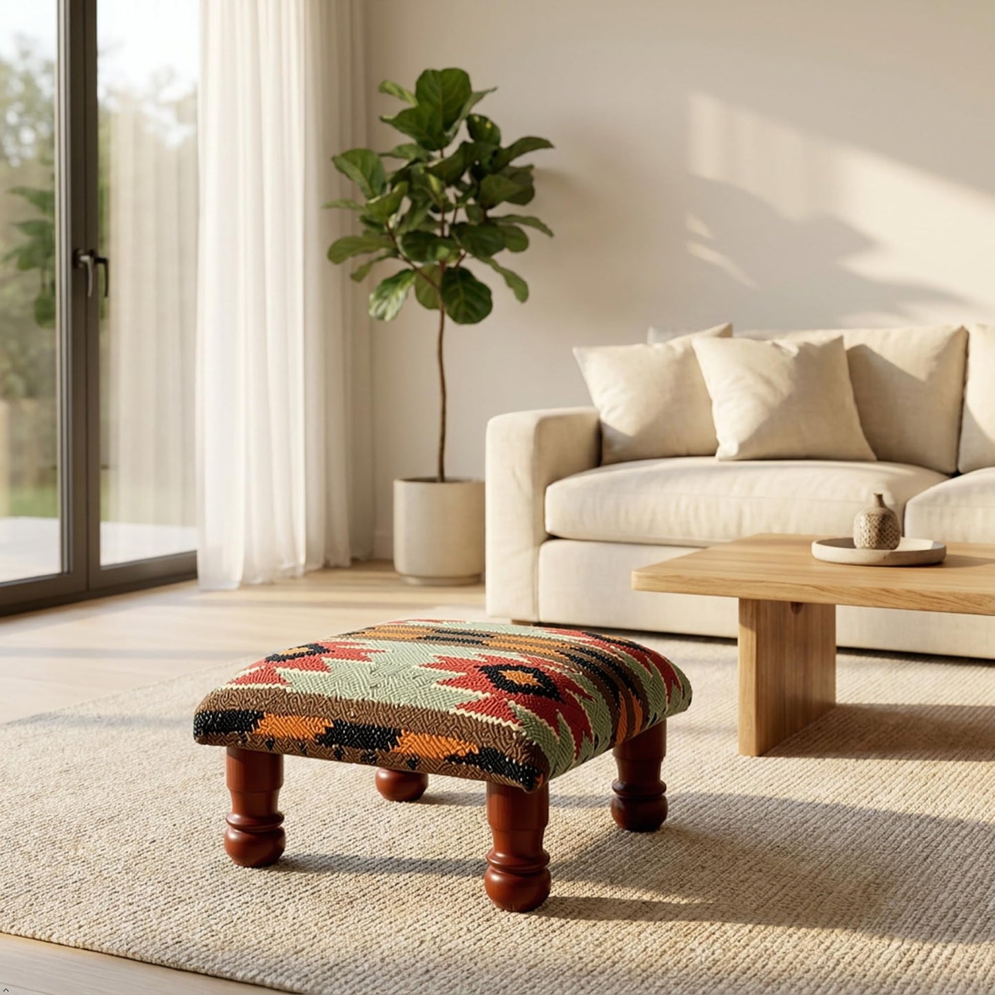 Sanwariya Rugs Kilim Upholstered Ottoman Foot Bench Acacia Wood Tribal Pattern