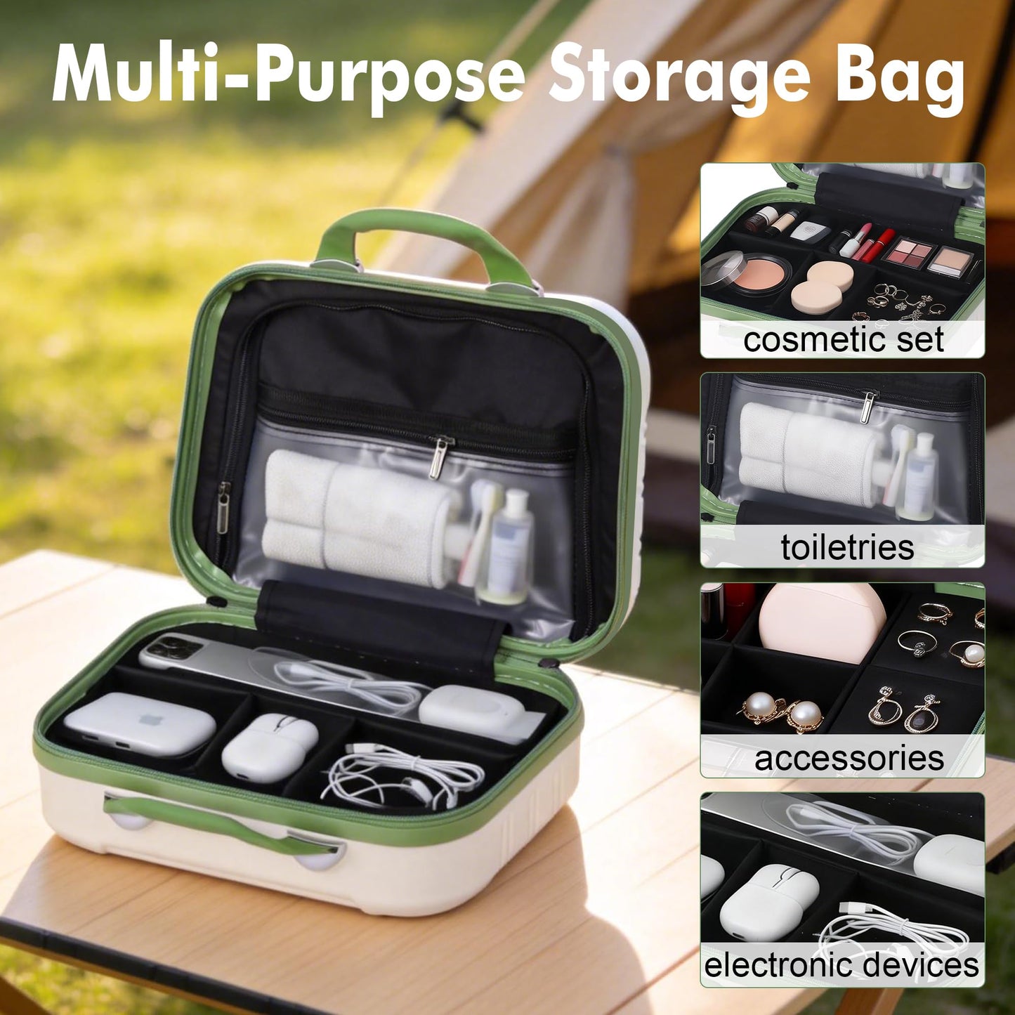 JZRTravel 14 Inch Hard Makeup Train Case PC ABS Portable Cosmetic Travel Case Mini Suitcase Organizer for Make up Toiletries Toys Clothes Storage with Handle Elastic Strap
