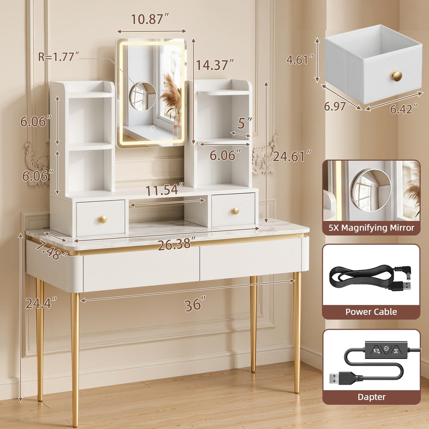 AFLUI Vanity Mirror with Lights, Makeup Mirror with Drawers and Storage