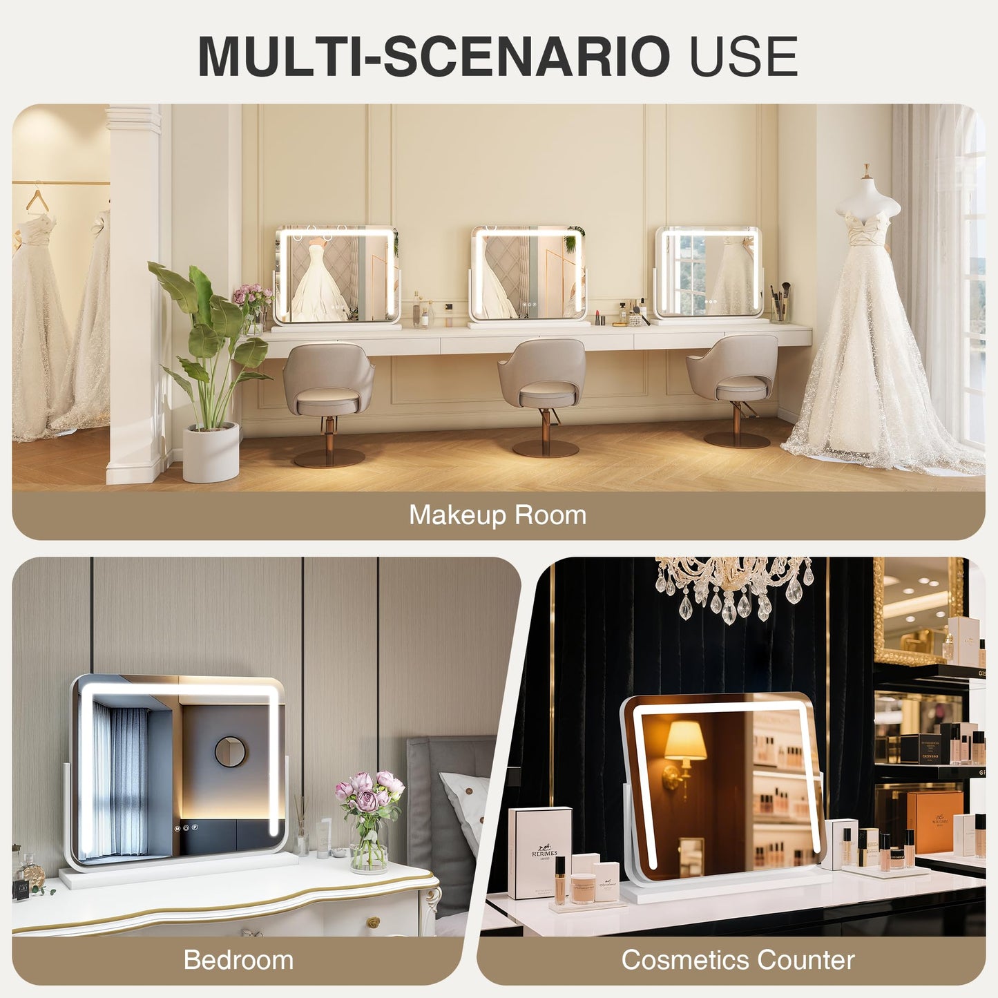 MICLIONLED Vanity Mirror with Lights 21"×15.7" LED Makeup Mirror,Dimmable Smart Touch Control Mirror with Lights for Bedroom Tabletop, 360° Rotation,Vanity Mirror Square White
