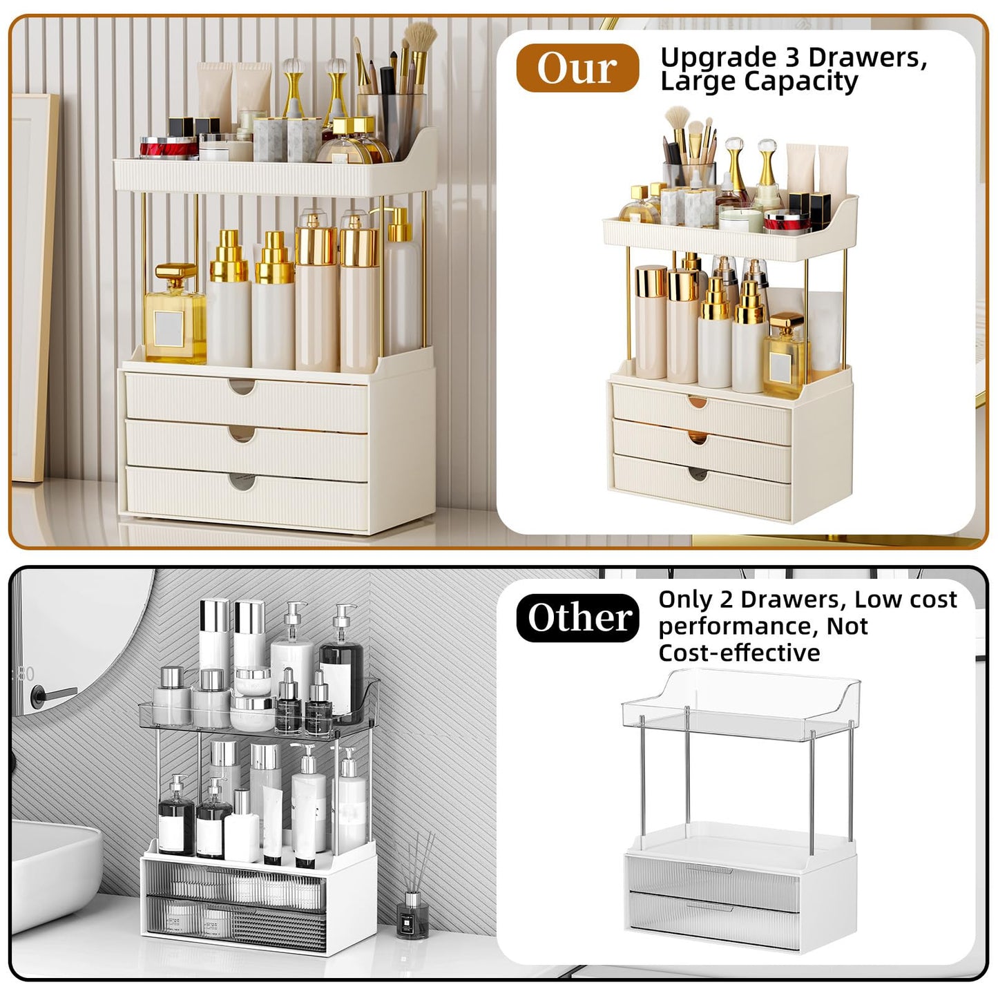 StorBin 3 Drawers Bathroom Vanity Organizer Sidesplashes- 5 Tier Makeup Organizer, Versatile Perfume Organizer, Ideal for Bathroom Storage, Vanity, Large Skincare, Perfume, Present, Cream White