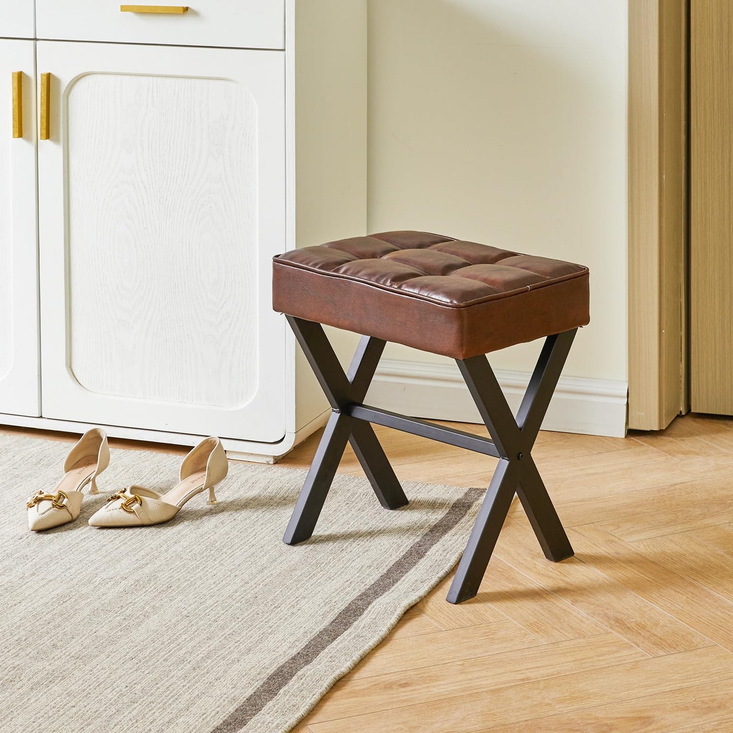 IBUYKE Square Makeup Stool with X-Leg Foot Rest, PU Footrest, Ottoman Seat Vanity Stool, Multi-Use as Small Side Table, for Bedroom, Living Room, Dark Brown LG-71Z