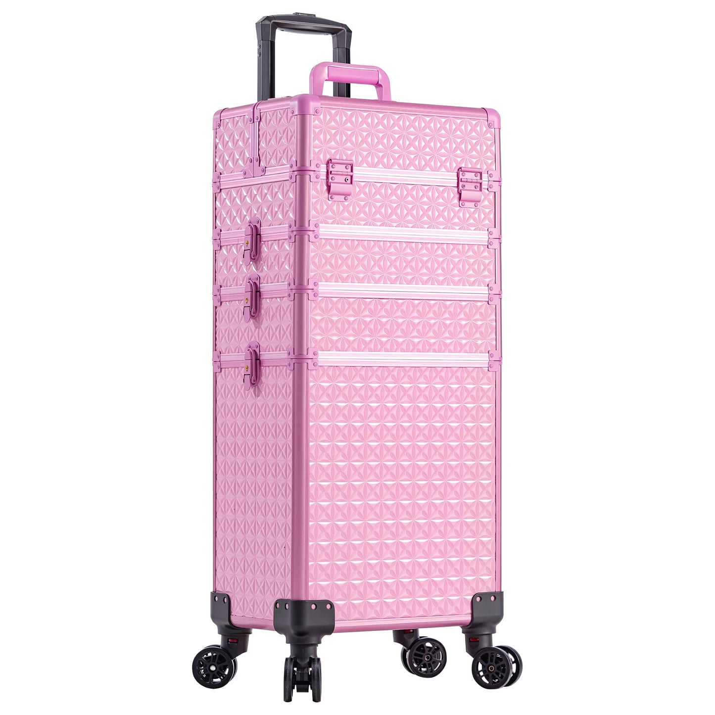 AROUS 5 in 1 Rolling Makeup Train Case Cosmetology Case on Wheels Large Cosmetic Organizer Travel Cart for Hairstylist Artist Nail Beauty Salon Barber,All Pink