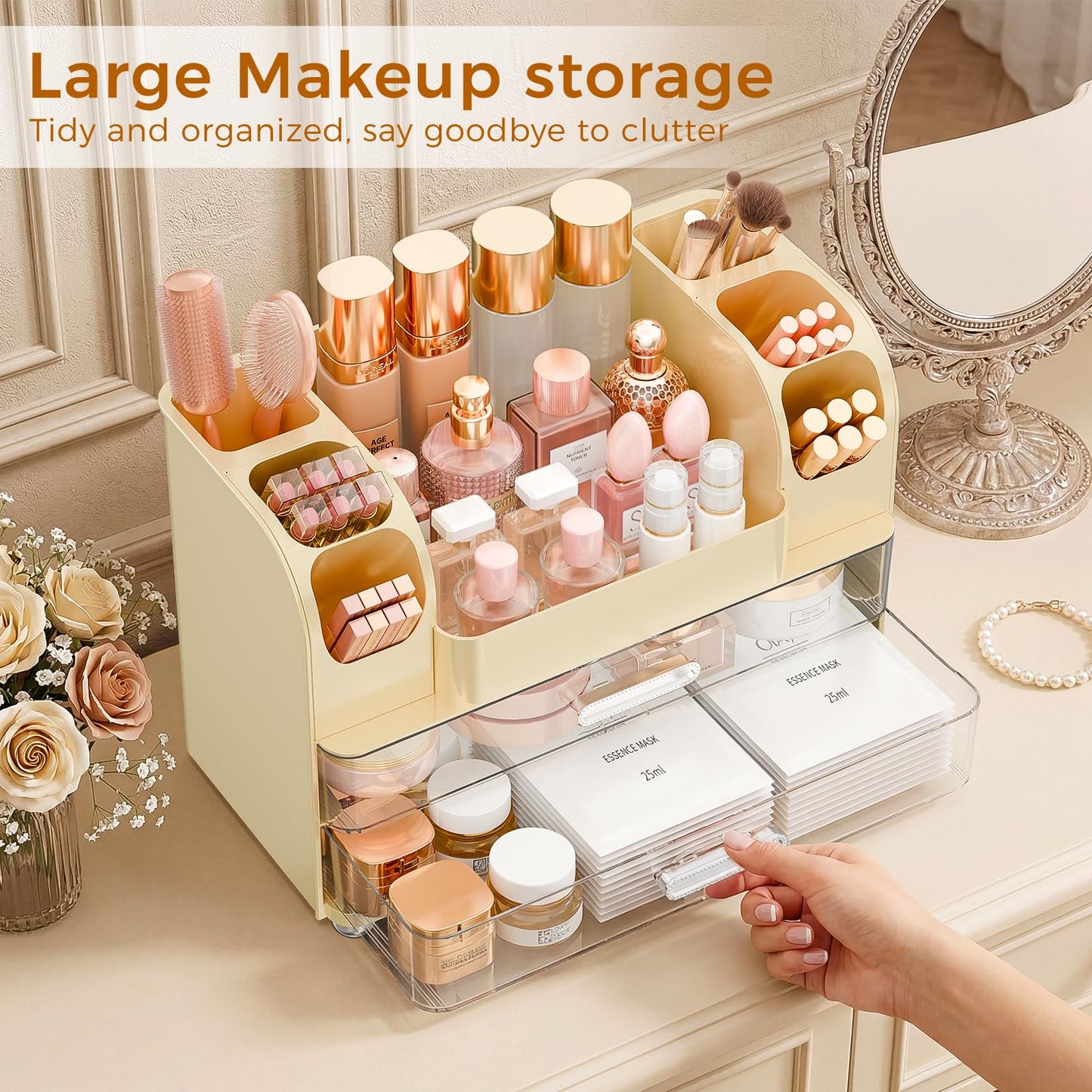 Makeup Organizer for Vanity with Brush Holder, Large Bathroom Countertop Organizer & Skincare Storage | Perfume, Cosmetics Display Case with Drawers (Cream White)