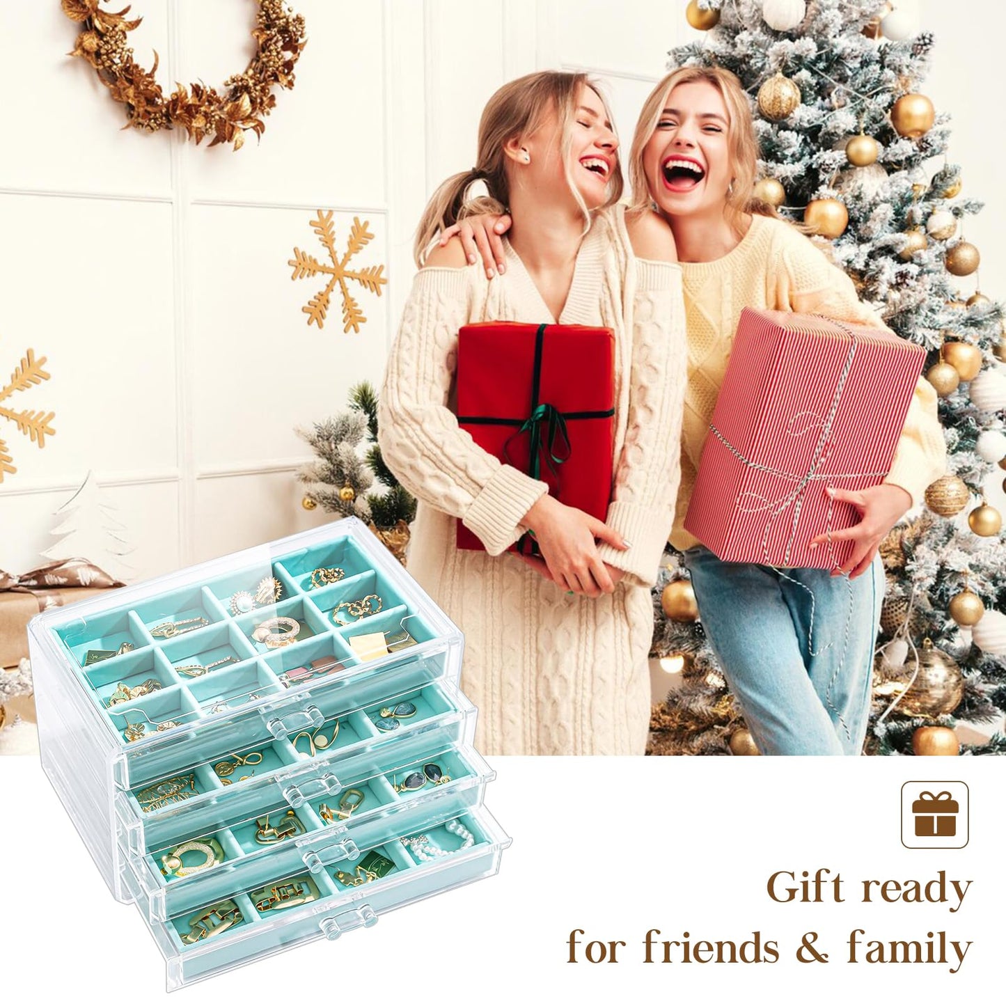 Lolalet Earring Holder Organizer Box Jewelry Storage with 4 Drawers, Clear Acrylic Stackable Earring Case with Adjustable Velvet Trays for Women on Dresser Vanity -Aqua, 4 Layers