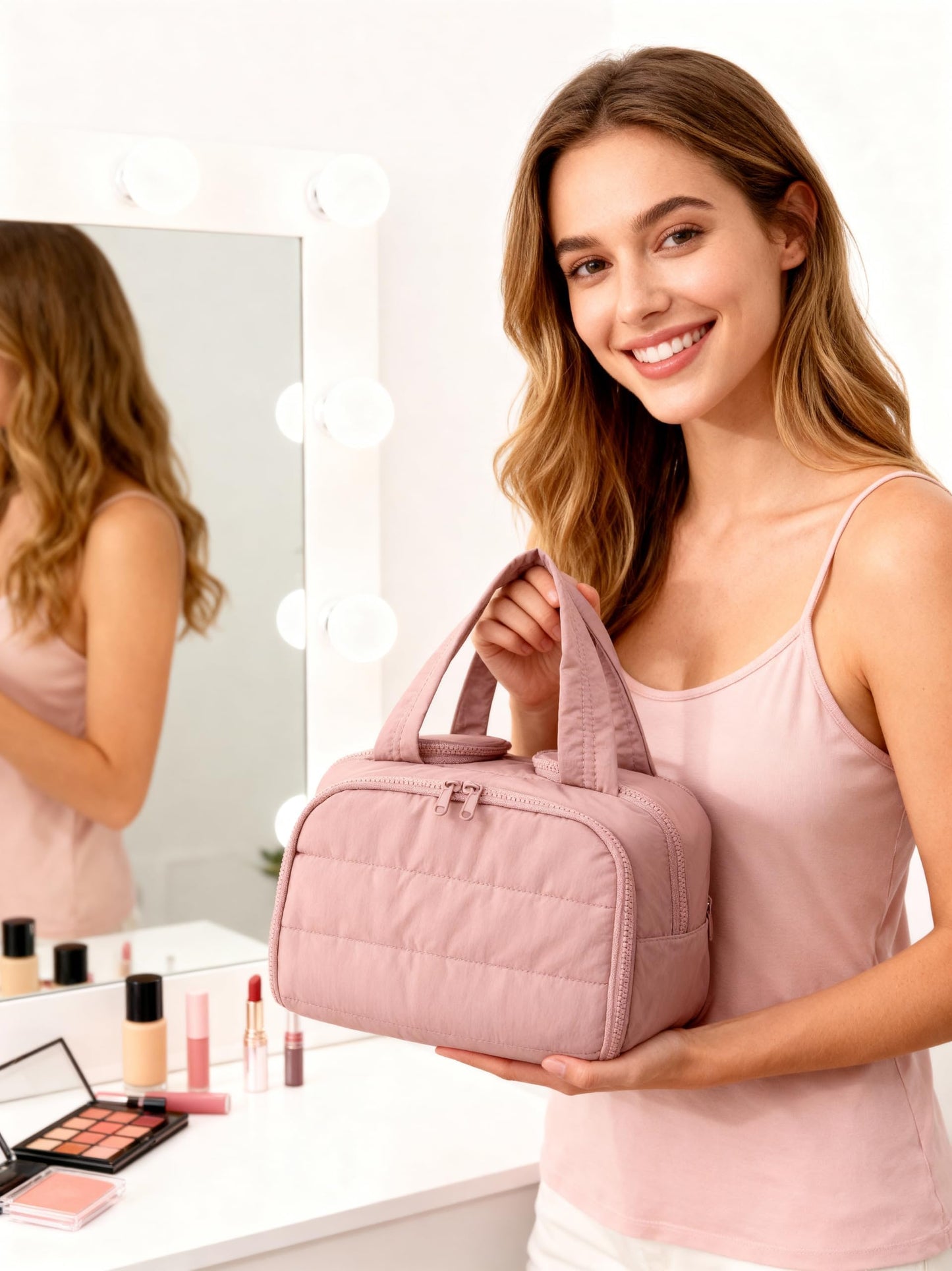 XKIILH Travel Toiletry Bag for Women, Large Lightweight Puffy Makeup Bag, Wide-open Wet-Dry Separation Organizer with Multi-Pocket & Carry Handle for Toiletries, Cosmetics, Essentials, Dark Pink