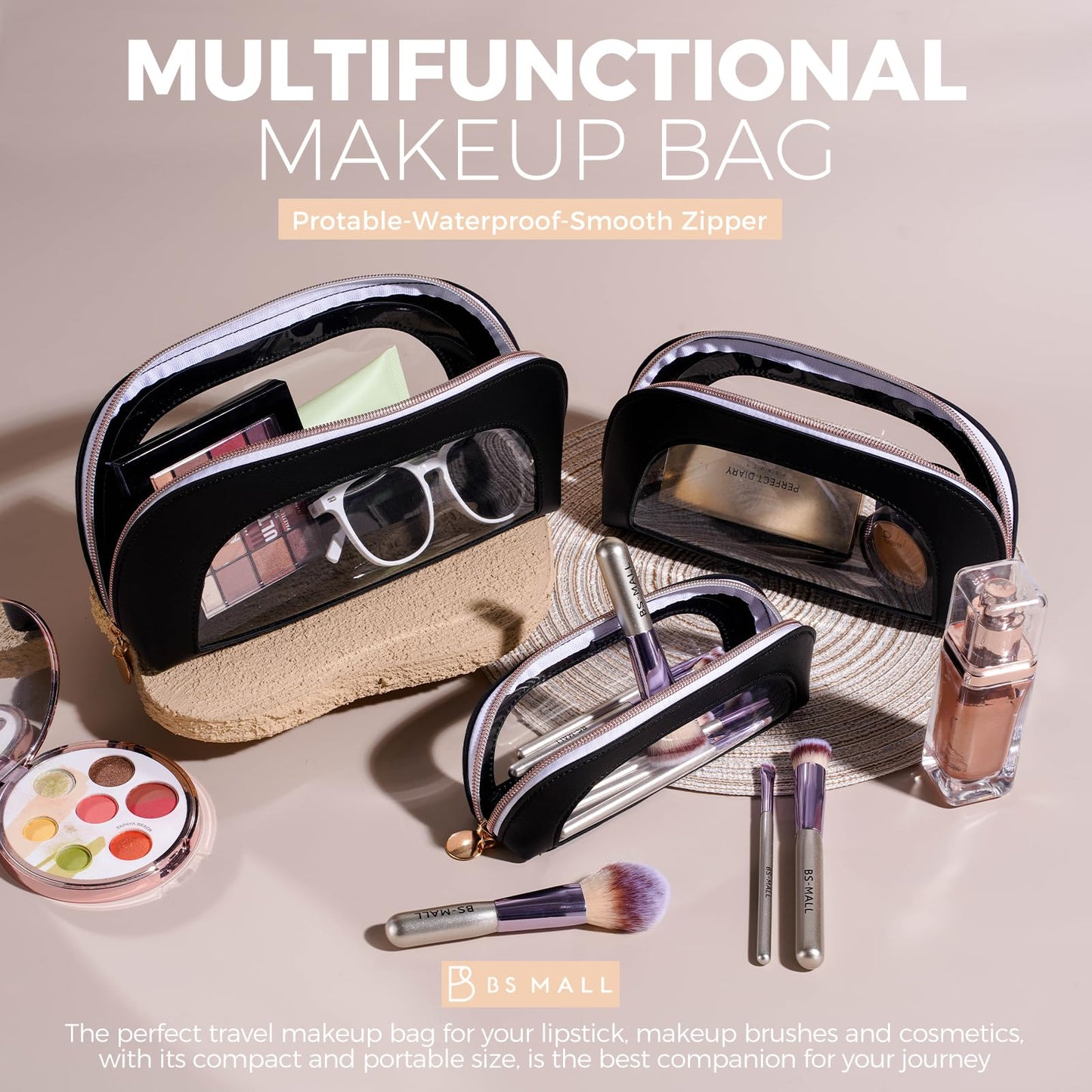 BS-MALL Makeup Bag Set Clear Travel Toiletry Organizer Pouches - Waterproof Cosmetic Bags with Zippers for Women, Toiletry Travel Kit for Vacation & Daily Use Pack of 3