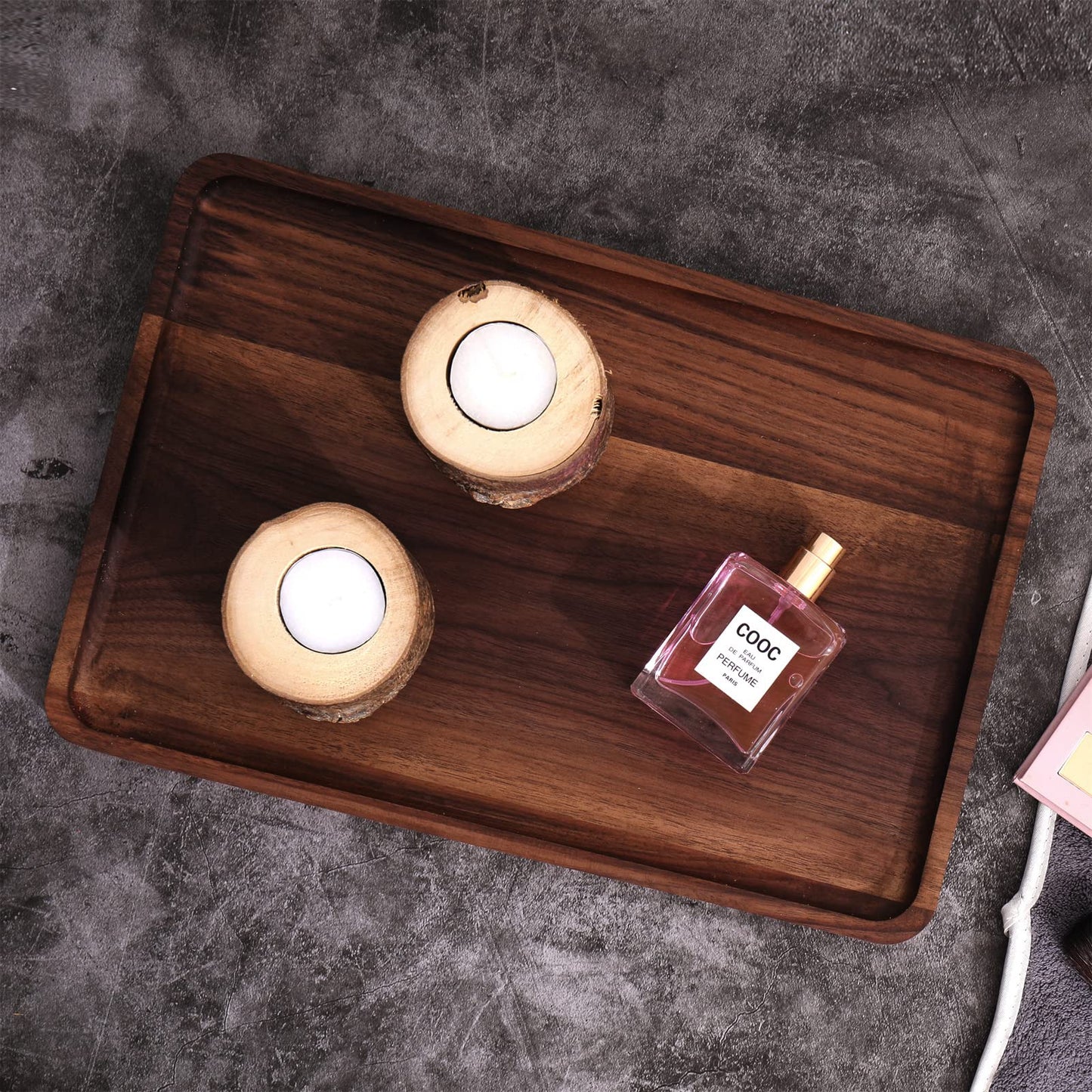 Rustic Walnut Wood Serving Tray, 13"x9" Rectangle Platter, Tea/Coffee Table Tray, Kitchen Decor, Wood Dessert Cup & Vanity Tray for Jewelry