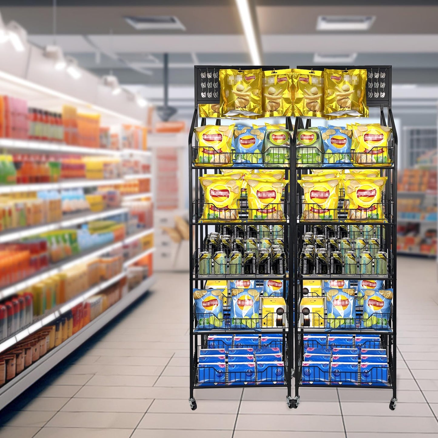 TONGMO 5 Tier Snack Rack Display Stand - Retail Display Shelves with Top Pegboard, 15 Hooks, Bakery Display Rack on Wheels for Easy Mobility and Organization (Black, 5‑Tier)
