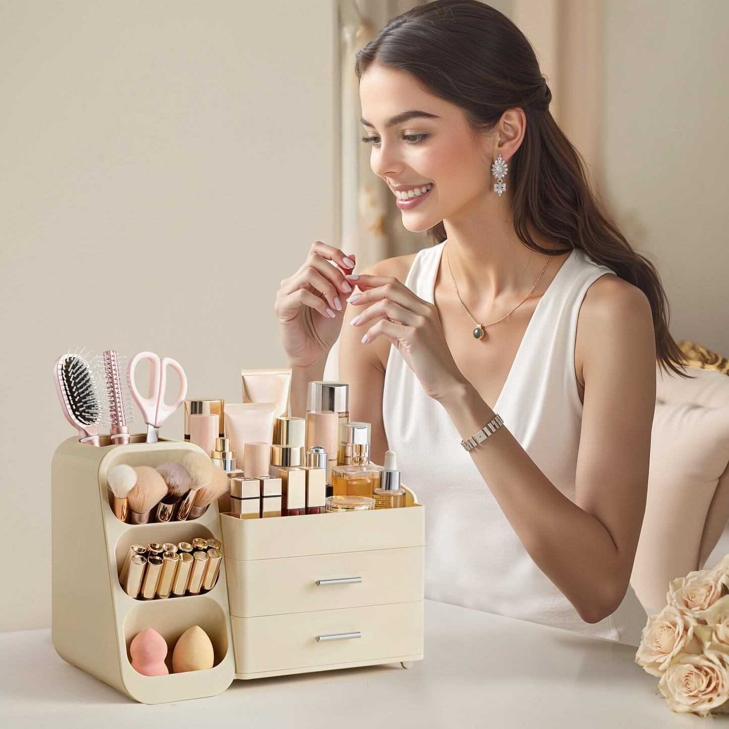 HBlife Makeup Organizer with Brush Holder for Vanity, Large Plastic Bathroom Countertop Organizer Skin Care Storage, Easy to Store Lipsticks, Nail Polishes, Perfumes, Eyeshadow Palettes, All Beige