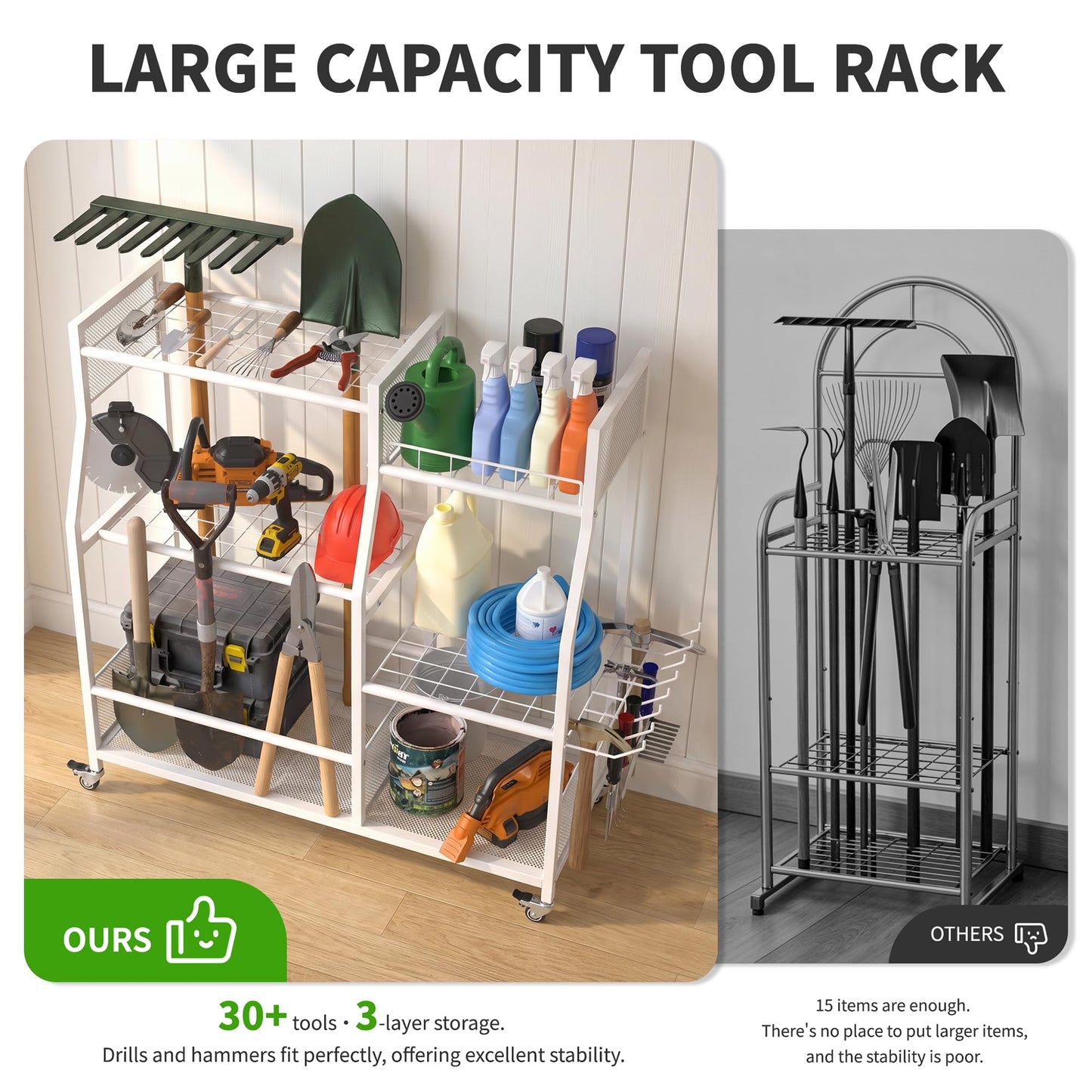 HOTEAGLE Yard Tool Organizer for Garage 35.4" Width High Stability Outdoor Metal Utility Rolling Cart with Mute Wheels, 18.5mm Thick Rods Ideal Garden Tool Rack, Easy to Clean,White