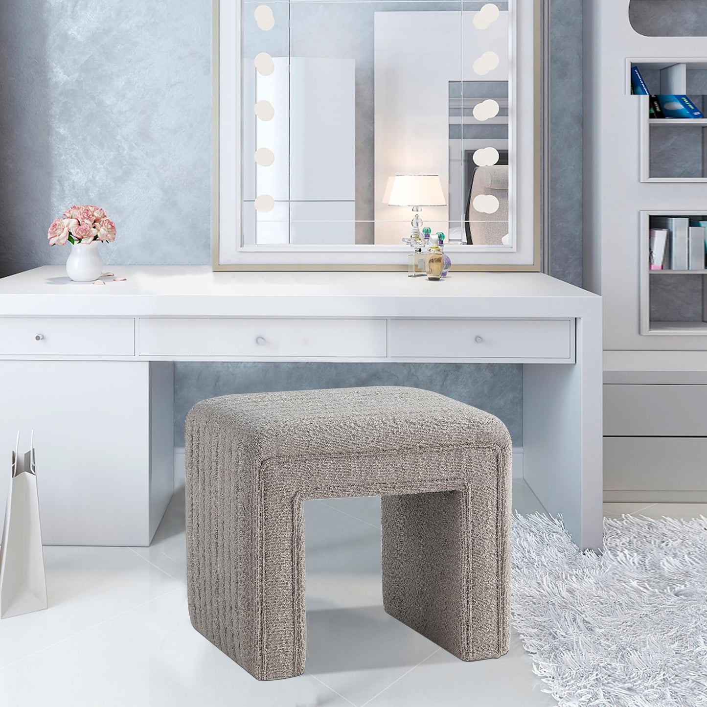Get Set Style Vanity Stool Chair,Modern Boucle Ottoman Foot Stool with Wooden Legs Sofa Bench Footstool Extra Seat for Vanity,Makeup Room,Living Room,Entryway,Office (Fully Assembled) (Taupe)