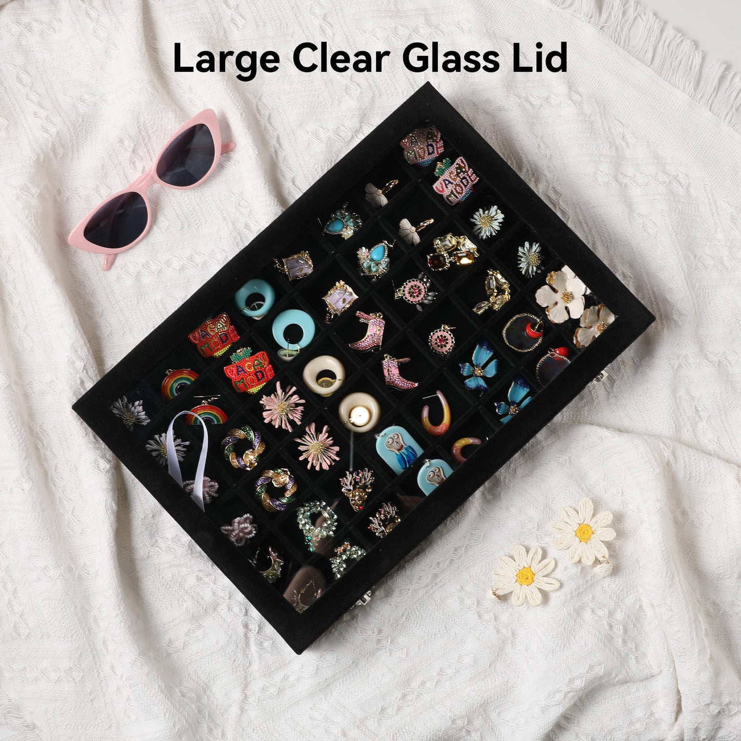Frebeauty 48 Grid Jewelry Tray,Adjustable Earring Holder Organizer with Glass Lid,Velvet Drawer Jewelry Organizer for Rings,Studs,13.8 x 9.5 x 2 Inches Jewelry Display Box,Gift for Women(Black)