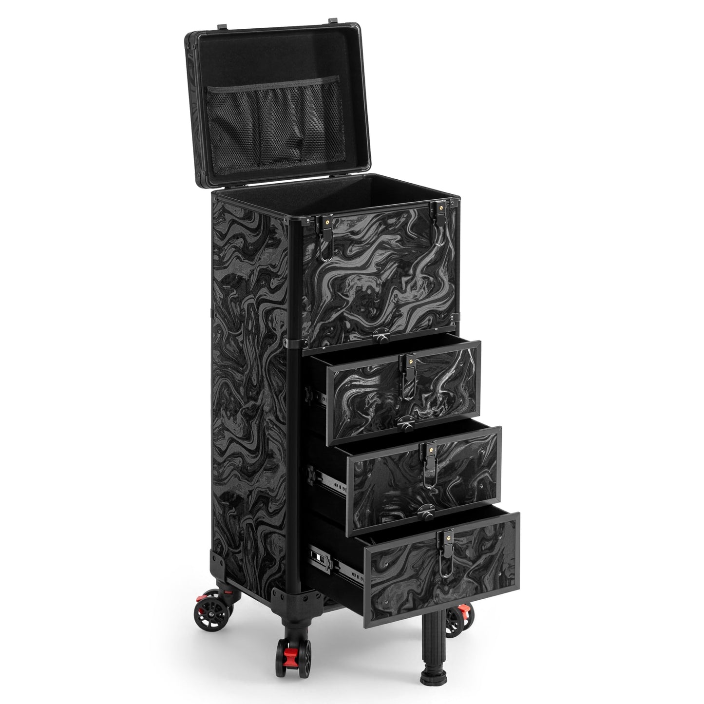 JINGUAN Rolling Makeup Train Case with 3 Drawers, Nail Trolley Cart Salon Station Cosmetology Case on Wheels Organizer Cases for Nail Tech,SPA,Face Painting,Hairstylist,Makeup Artist (Ink Black)
