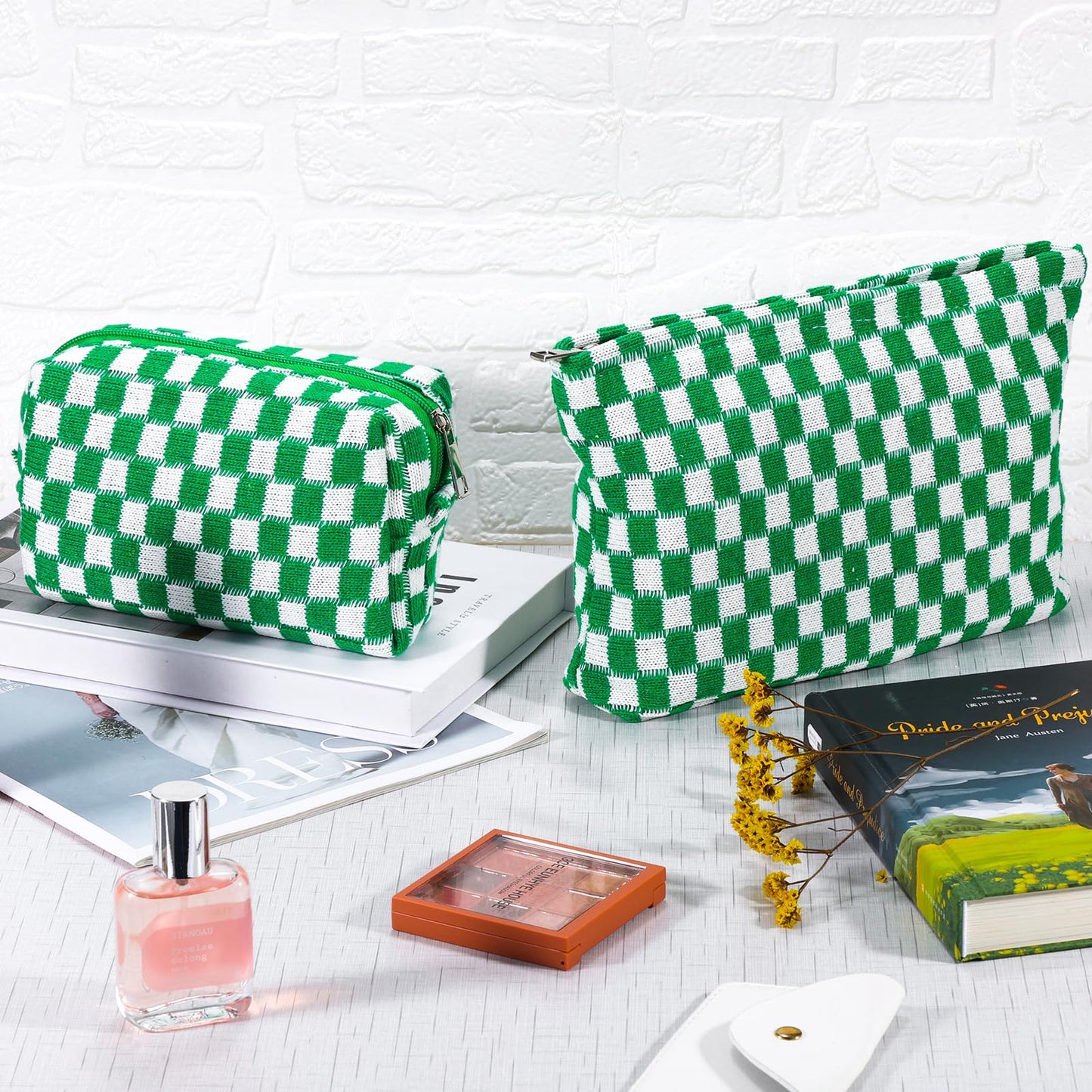 ZLFSRQ 2Pcs Checkered Makeup Bag for Women Large Small Travel Toiletry Bag Organizer Aesthetic Zipper Cosmetic Bags Cute Makeup Pouch for Purse Pencil Case Pencil Pouch Skincare Storage Bags (Green)